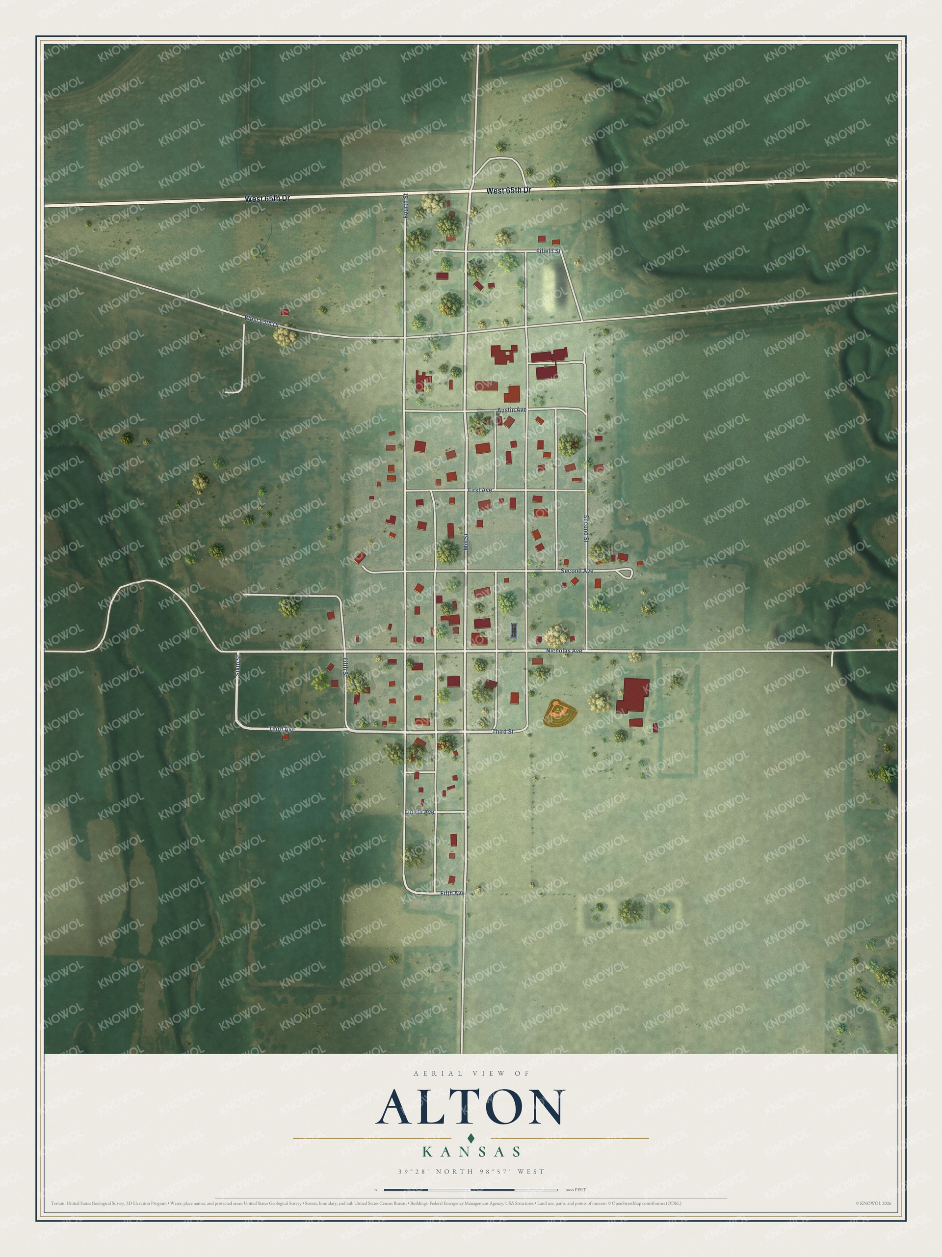 Full map of Alton, Kansas, with red buildings, printed street names and the land around them