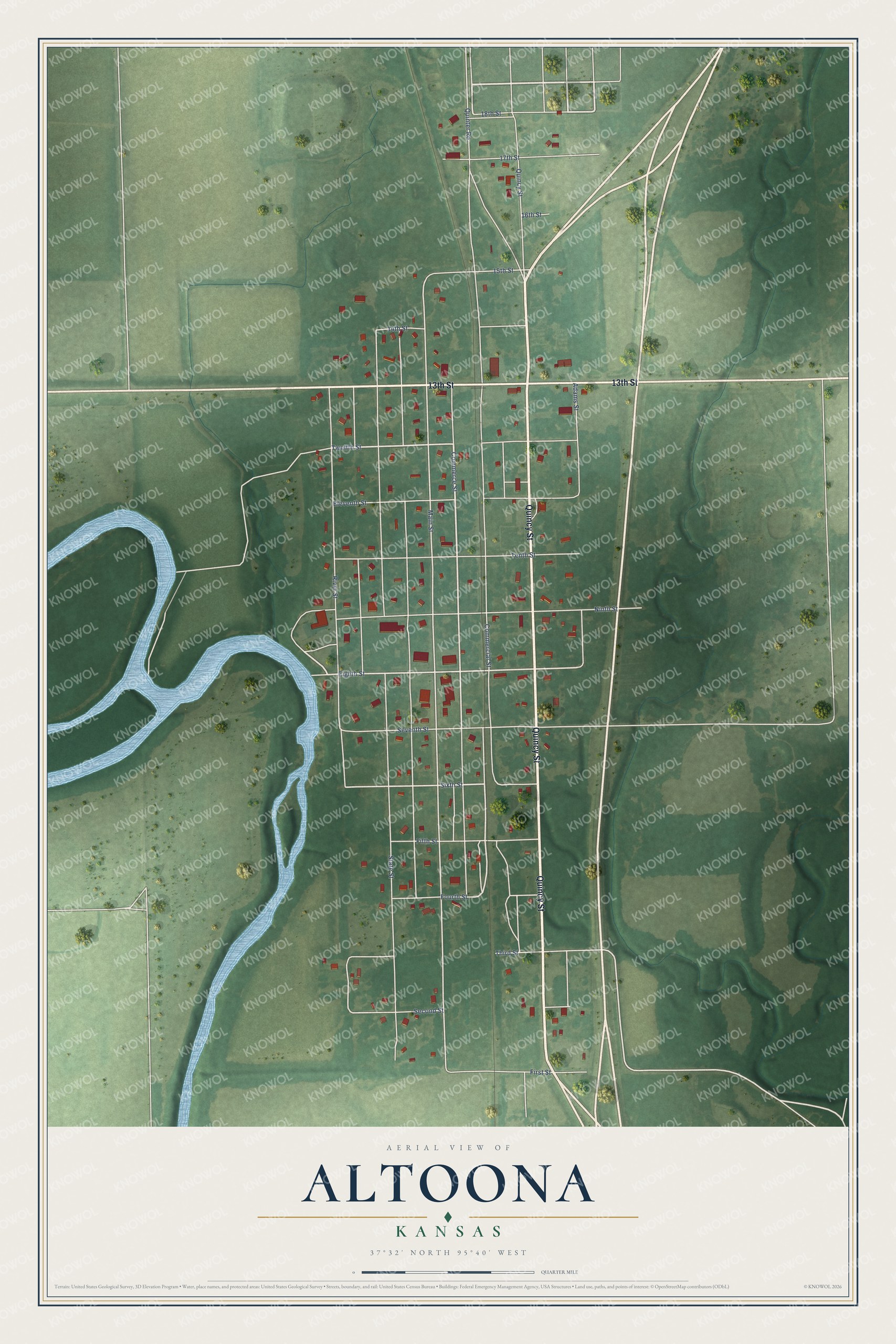 Full map of Altoona, Kansas, with red buildings, printed street names and the land around them
