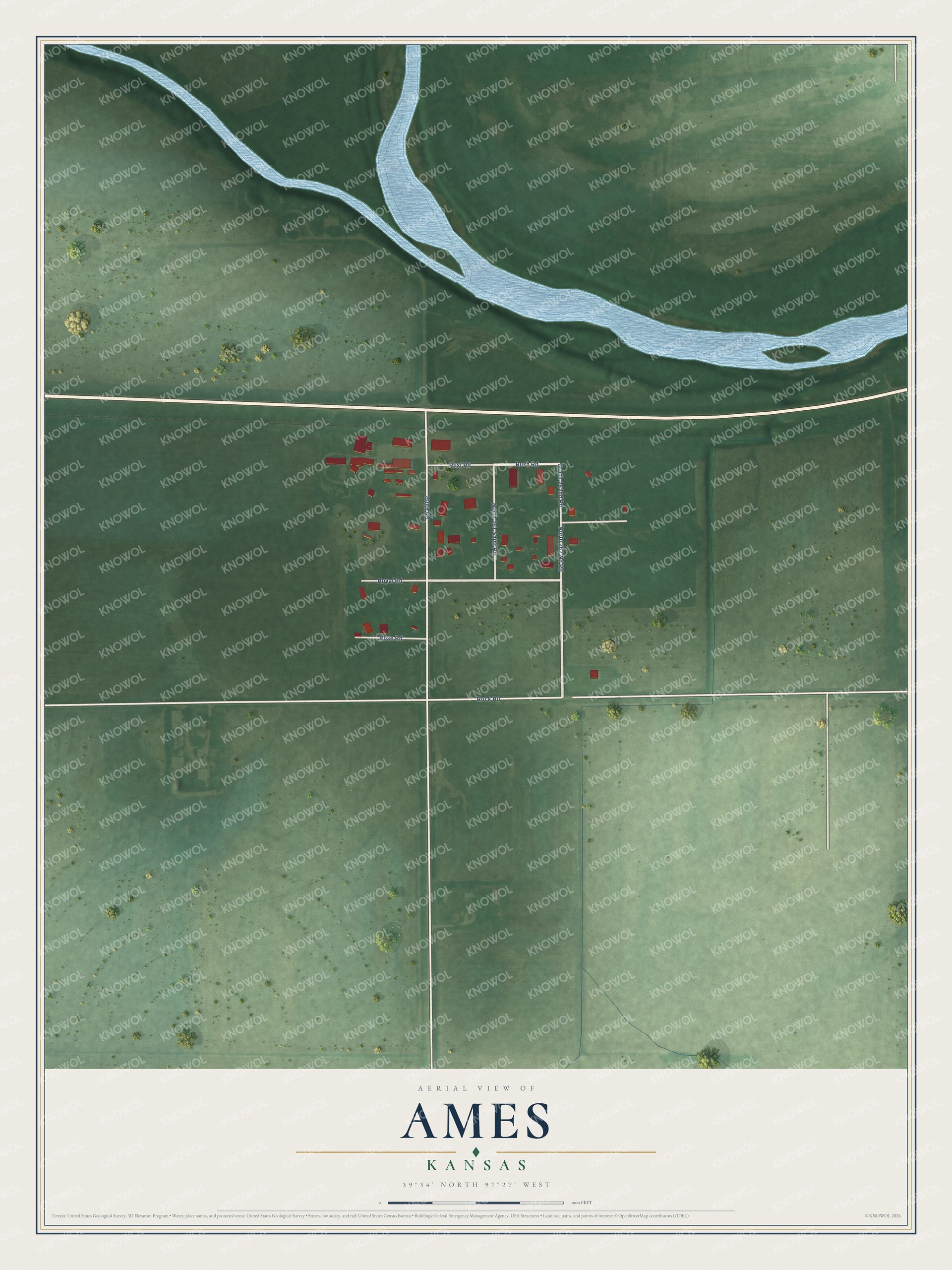 Full map of Ames, Kansas, with red buildings, printed street names and the land around them