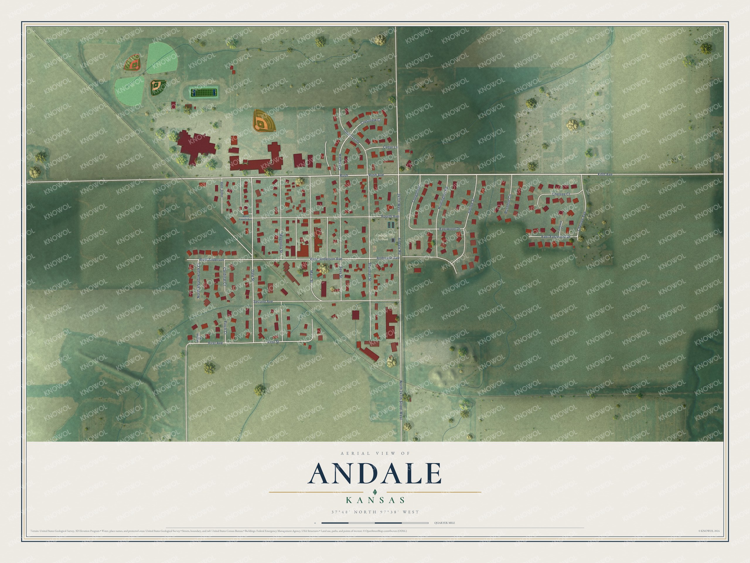 Full map of Andale, Kansas, with red buildings, printed street names and the land around them