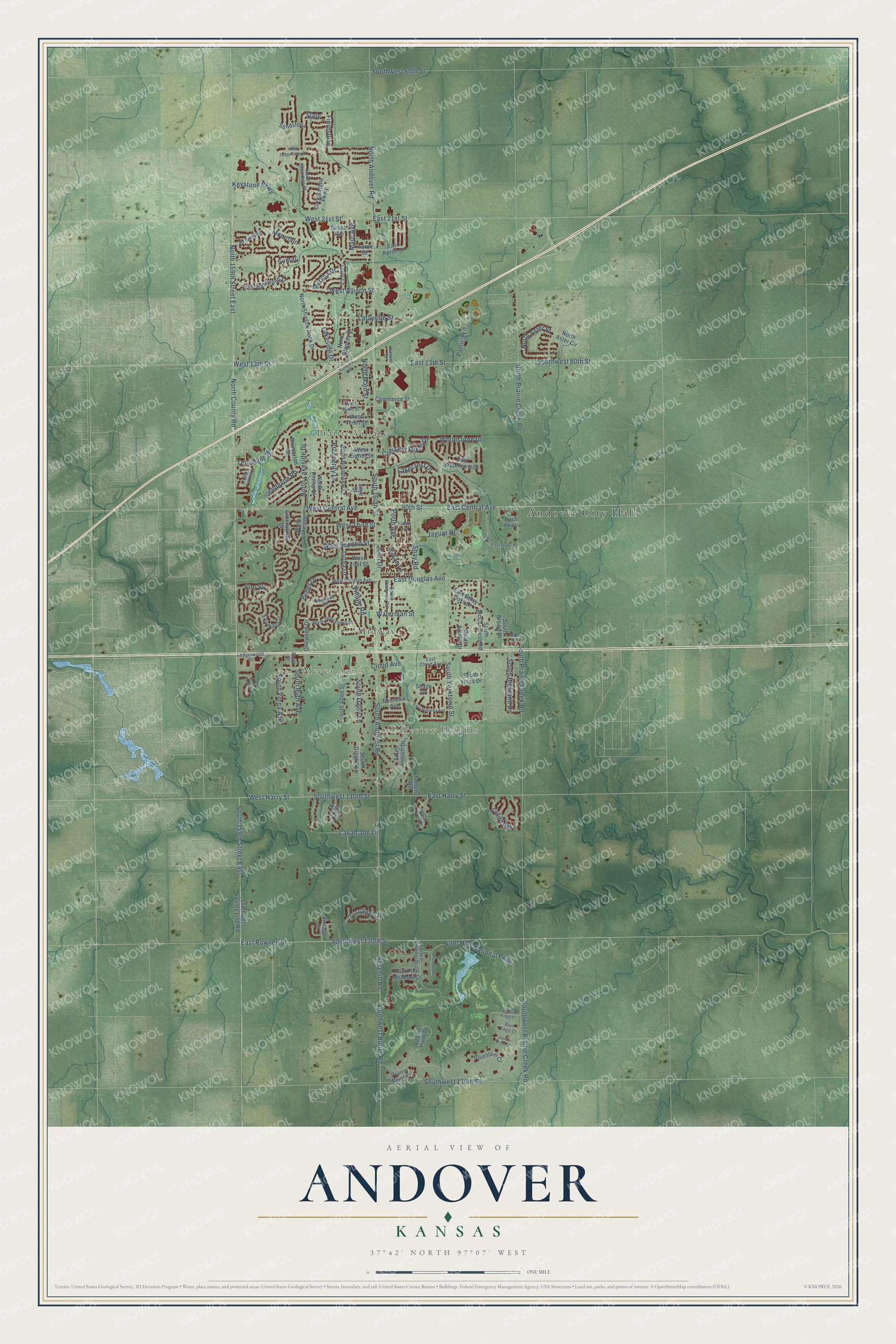 Full map of Andover, Kansas, with red buildings, printed street names and the land around them
