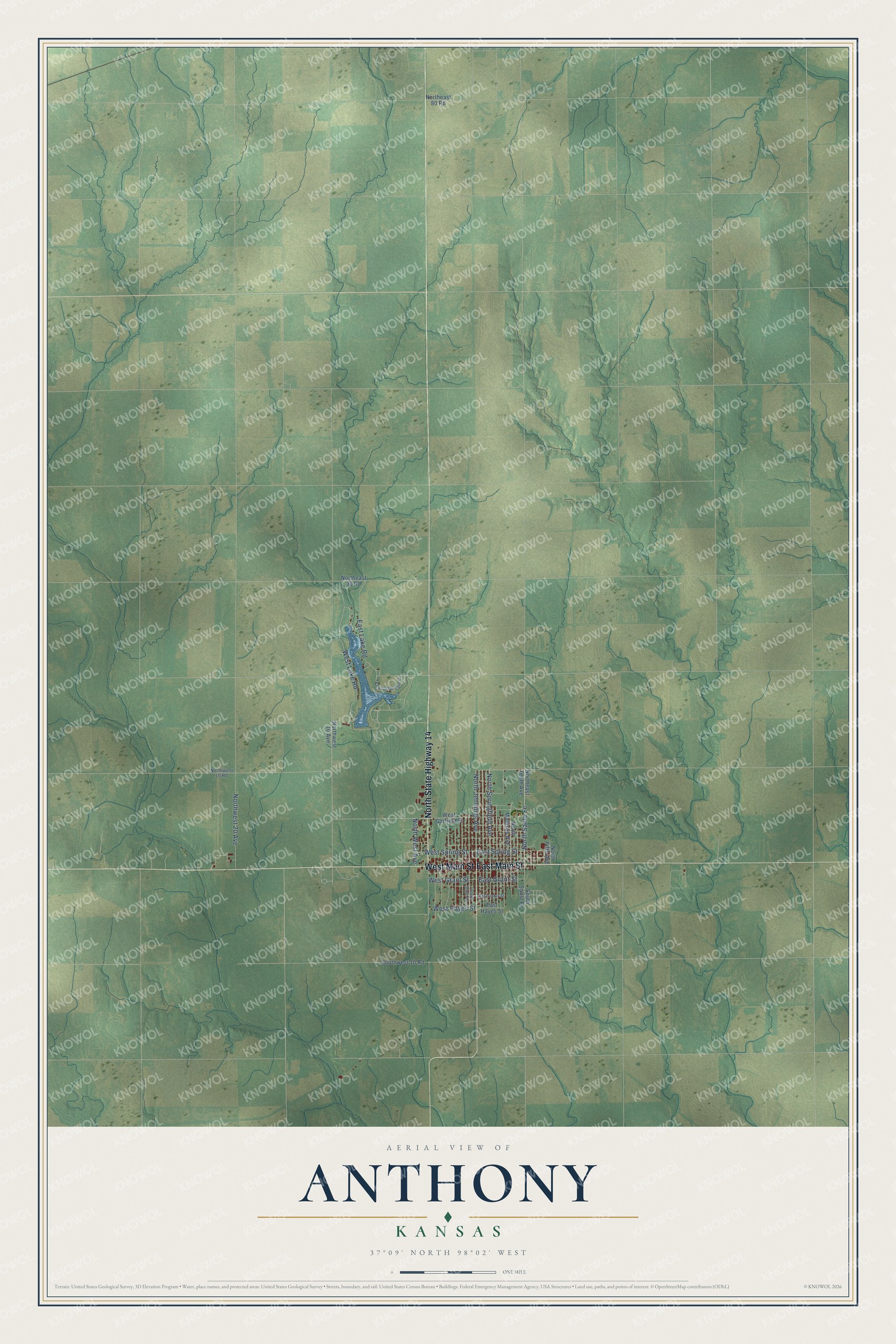 Full map of Anthony, Kansas, with red buildings, printed street names and the land around them