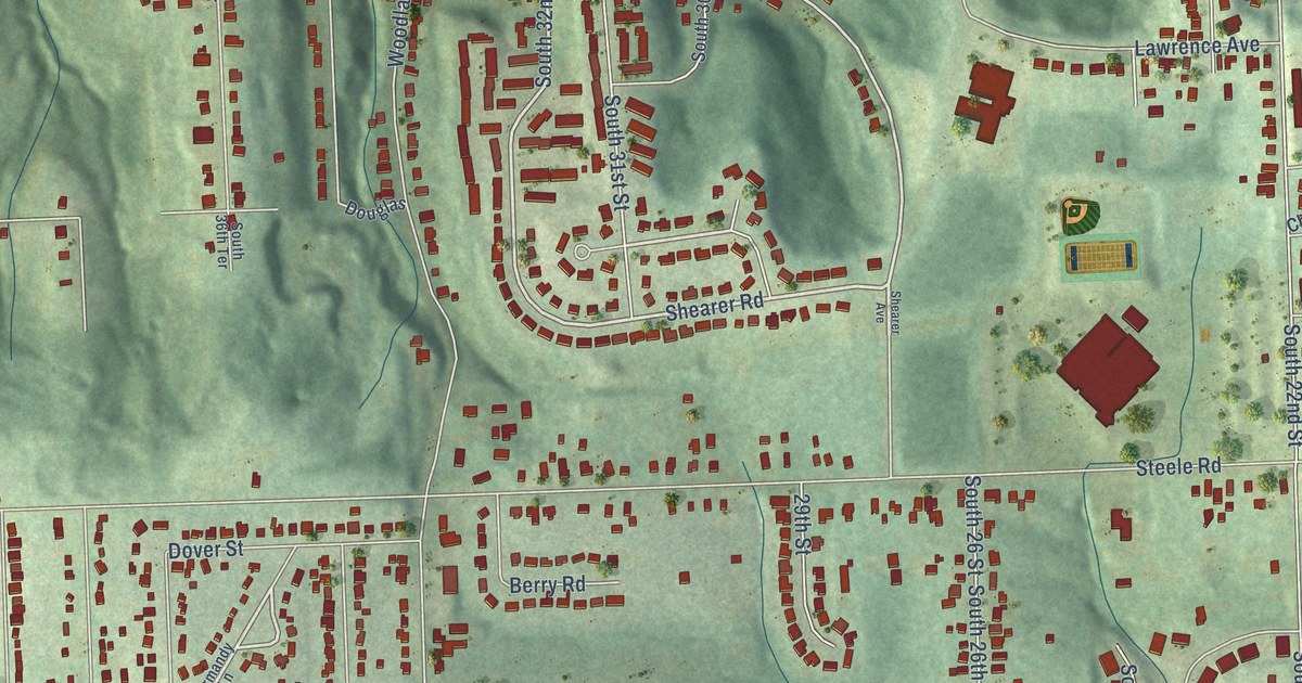 Close-up of streets and buildings in Argentine, Kansas