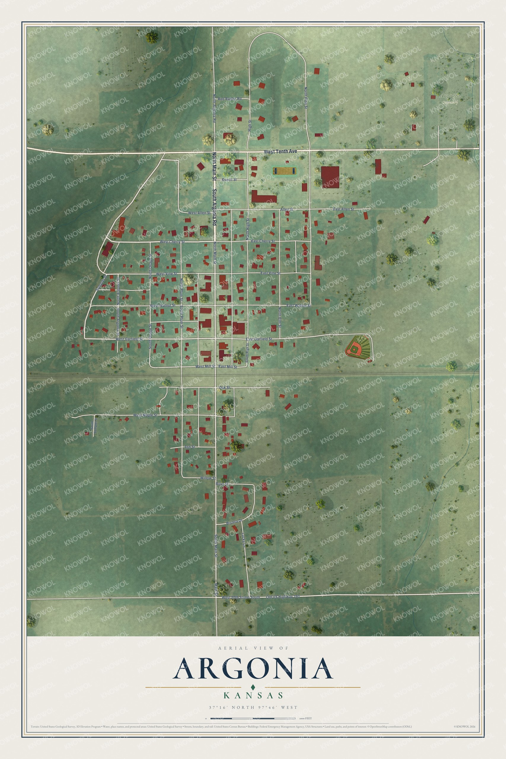 Full map of Argonia, Kansas, with red buildings, printed street names and the land around them