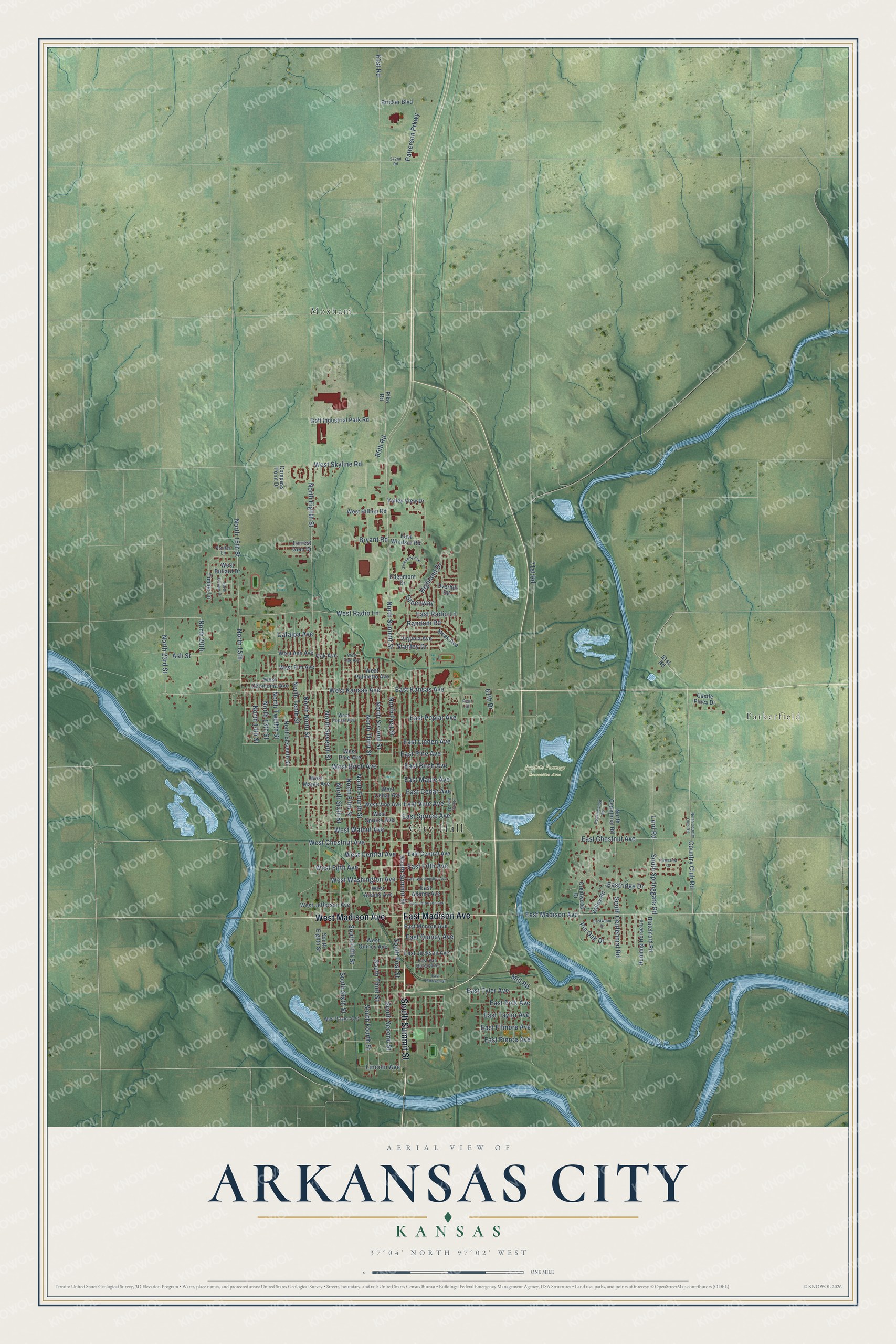 Full map of Arkansas City, Kansas, with red buildings, printed street names and the land around them