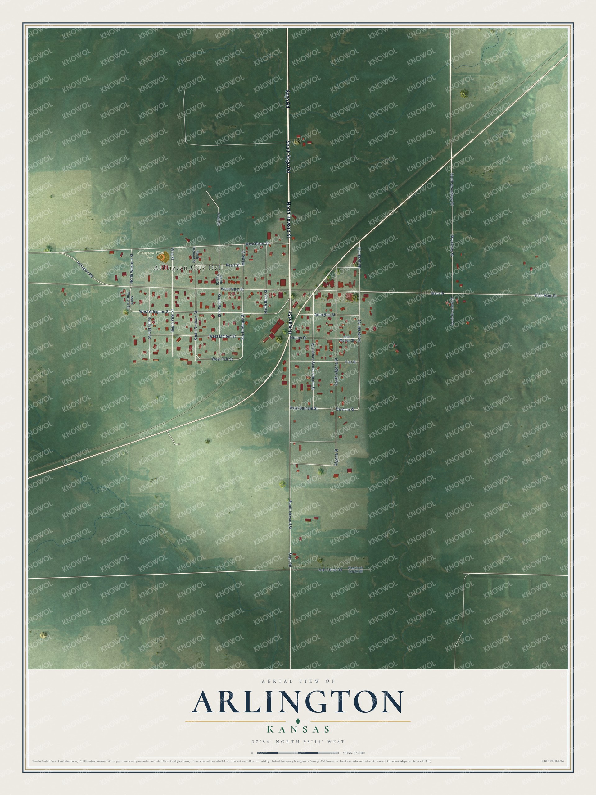 Full map of Arlington, Kansas, with red buildings, printed street names and the land around them