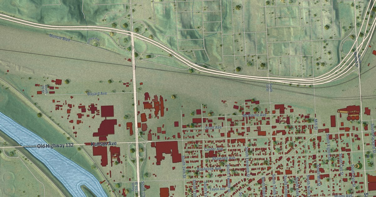 Close-up of streets and buildings in Armourdale, Kansas