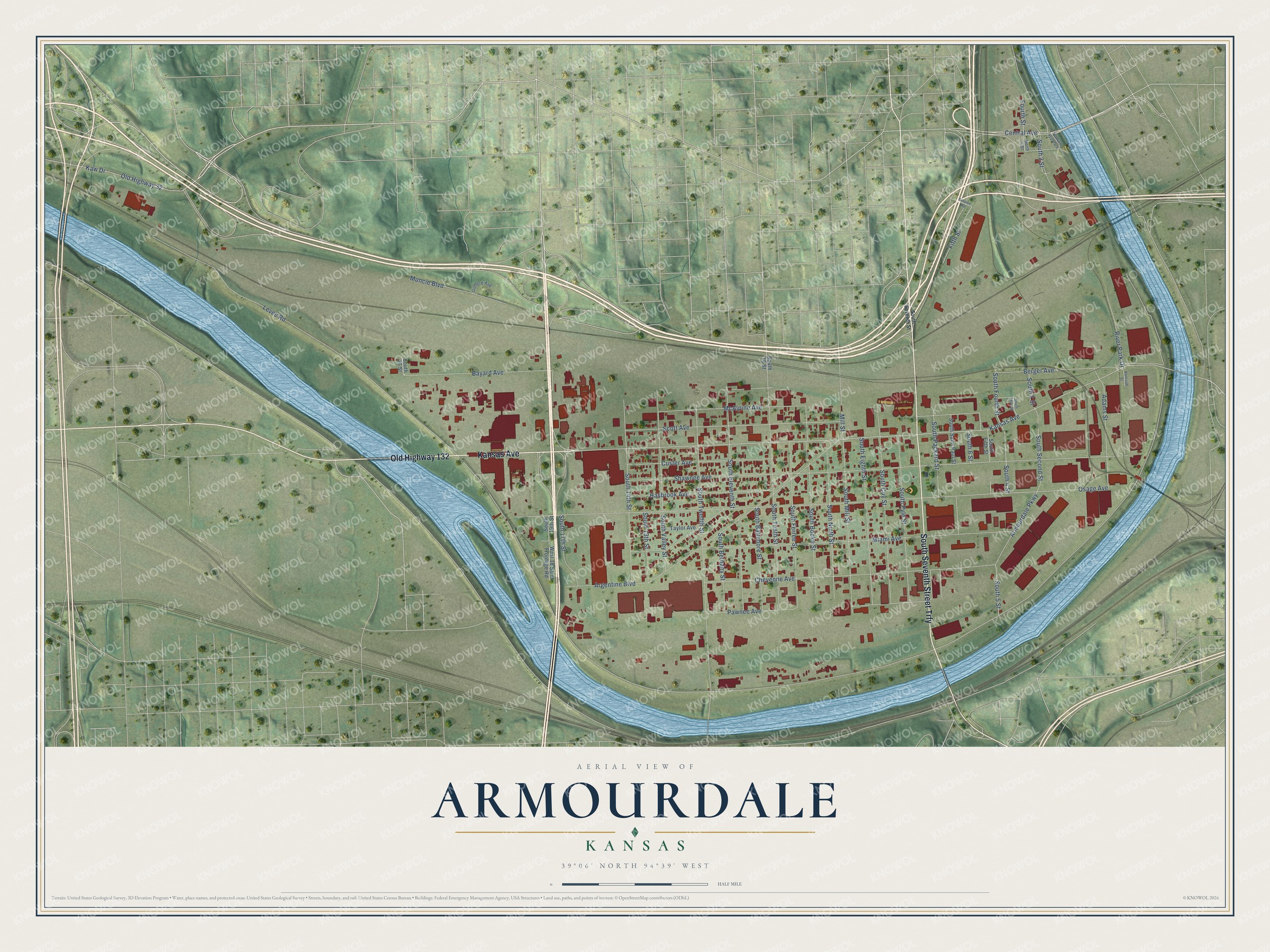 Full map of Armourdale, Kansas, with red buildings, printed street names and the land around them