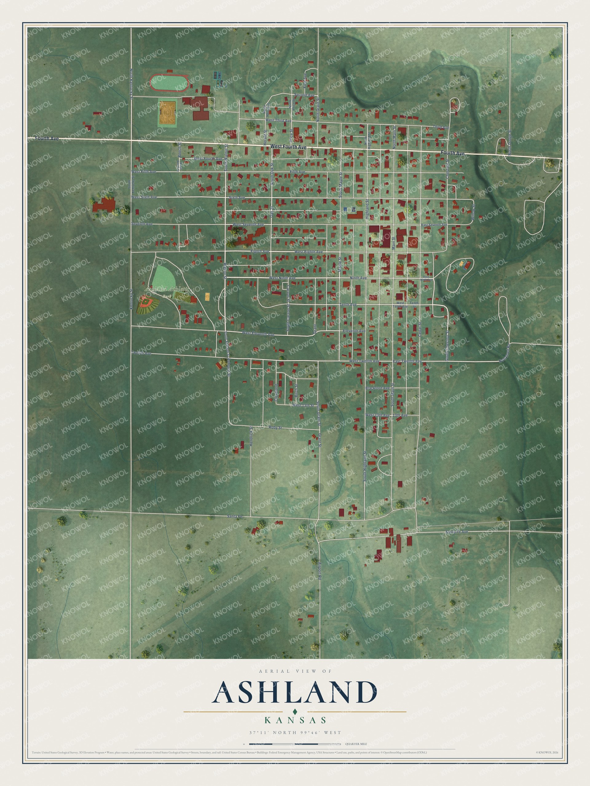 Full map of Ashland, Kansas, with red buildings, printed street names and the land around them