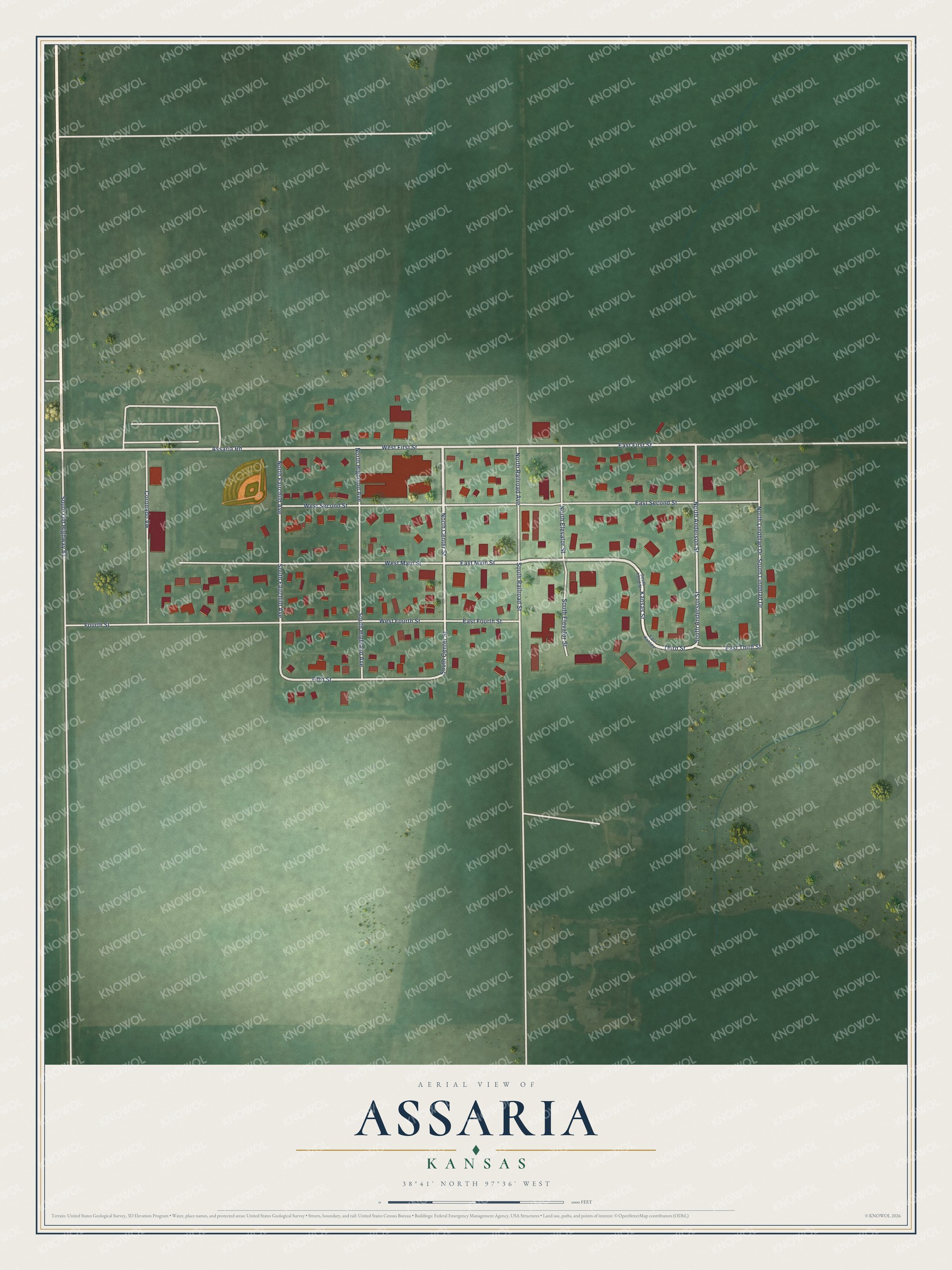 Full map of Assaria, Kansas, with red buildings, printed street names and the land around them