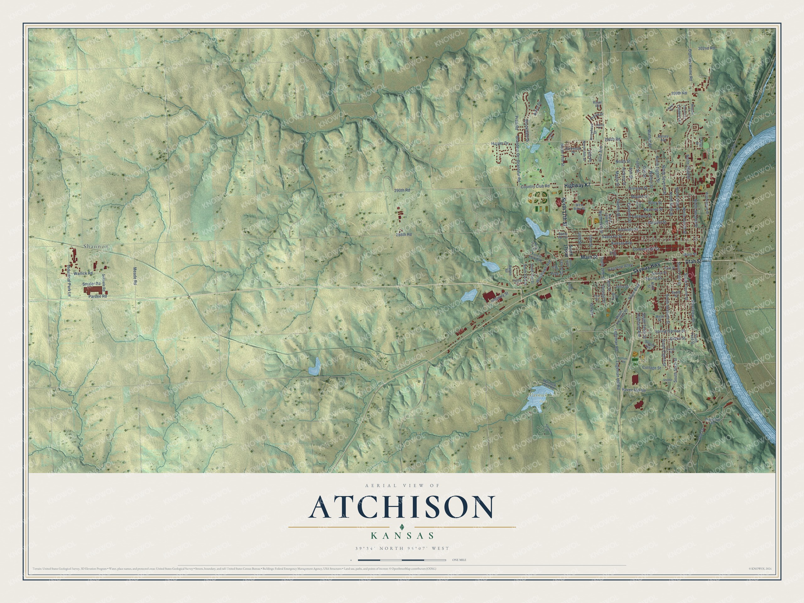 Full map of Atchison, Kansas, with red buildings, printed street names and the land around them