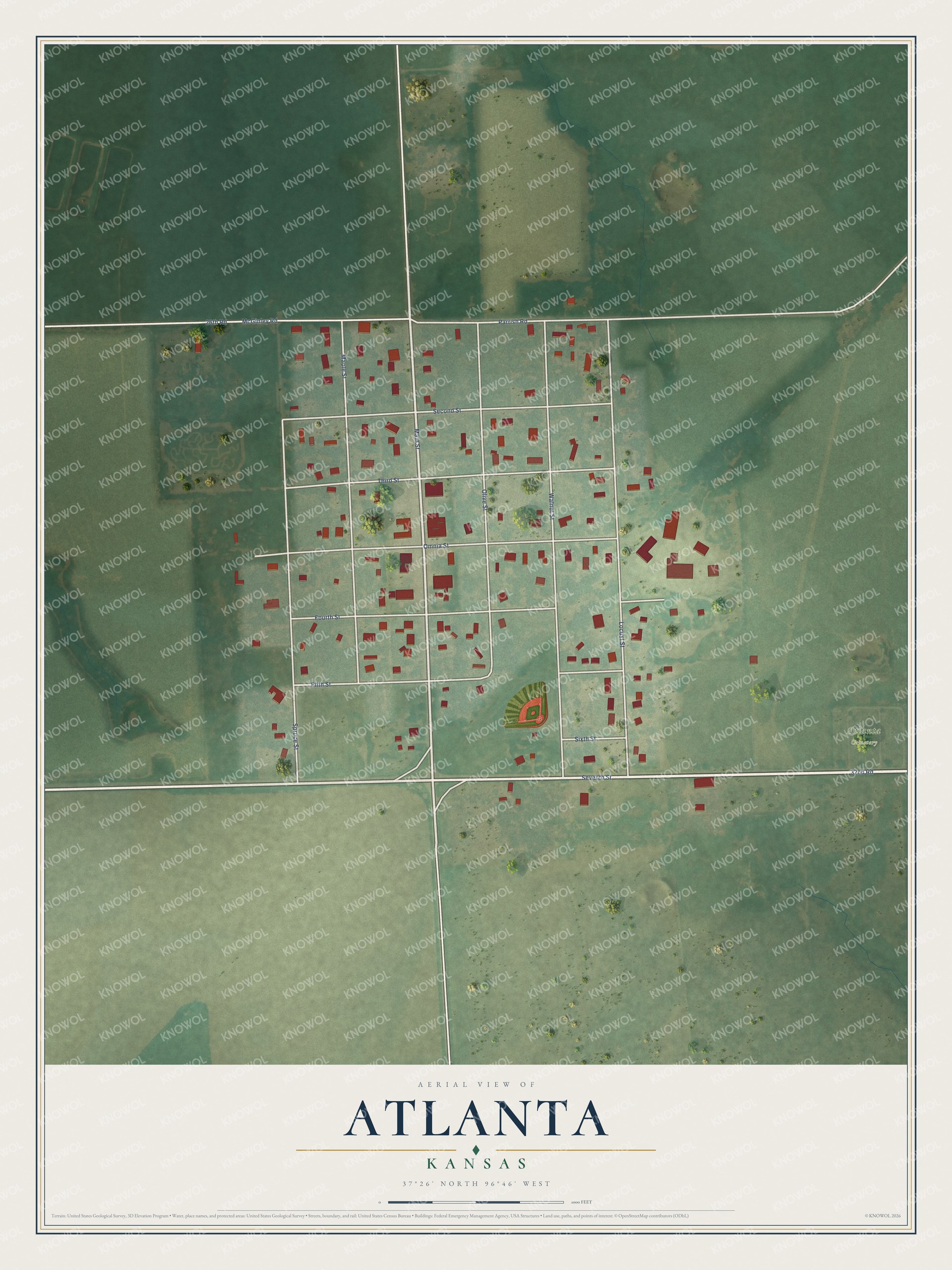 Full map of Atlanta, Kansas, with red buildings, printed street names and the land around them