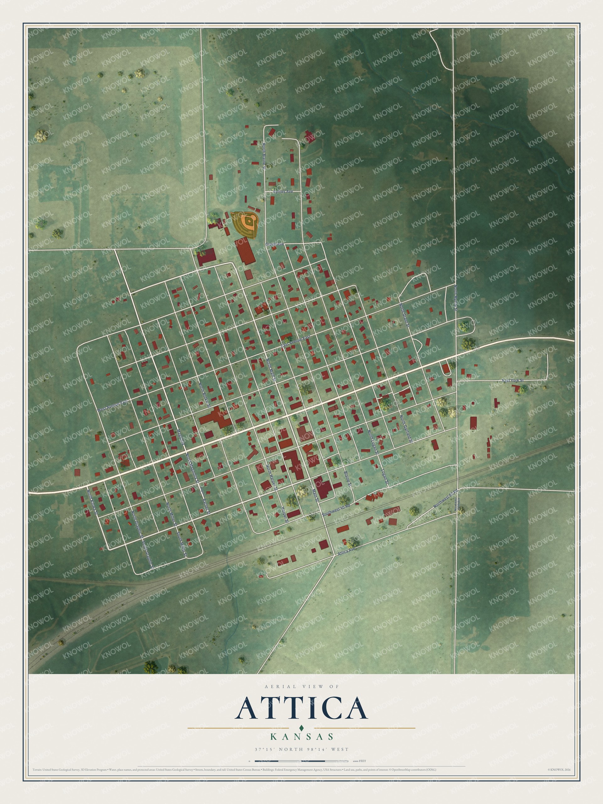 Full map of Attica, Kansas, with red buildings, printed street names and the land around them