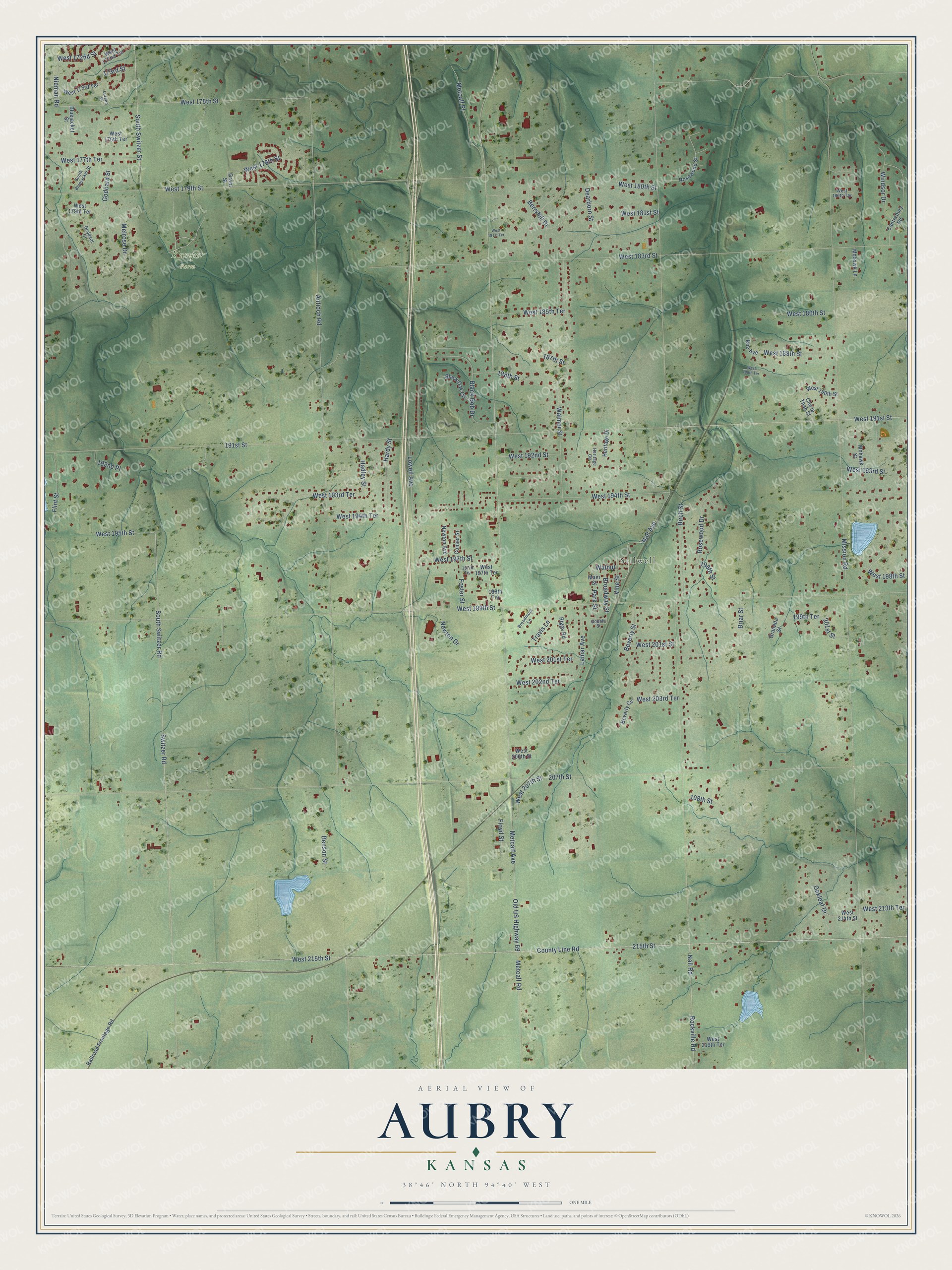 Full map of Aubry, Kansas, with red buildings, printed street names and the land around them