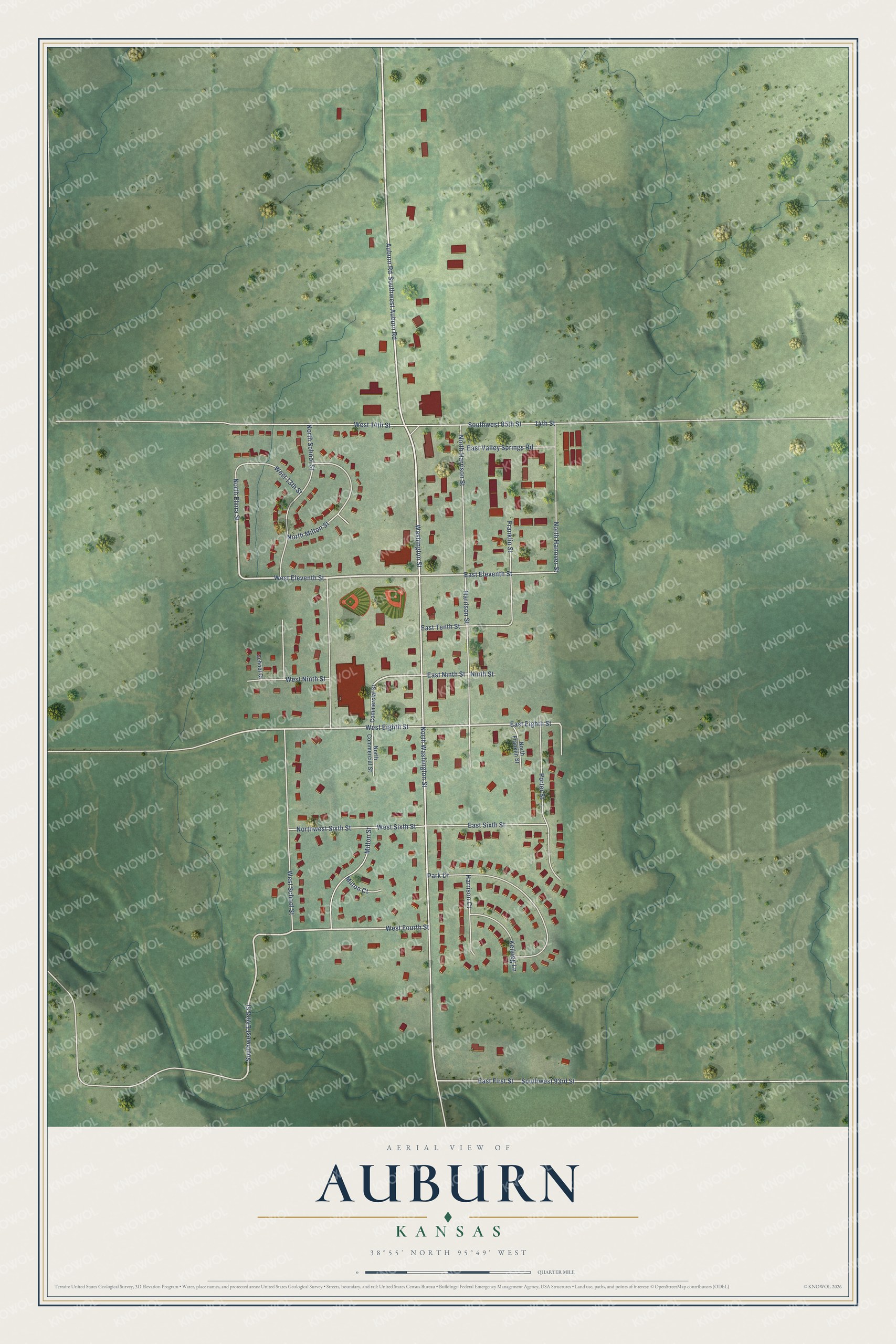 Full map of Auburn, Kansas, with red buildings, printed street names and the land around them