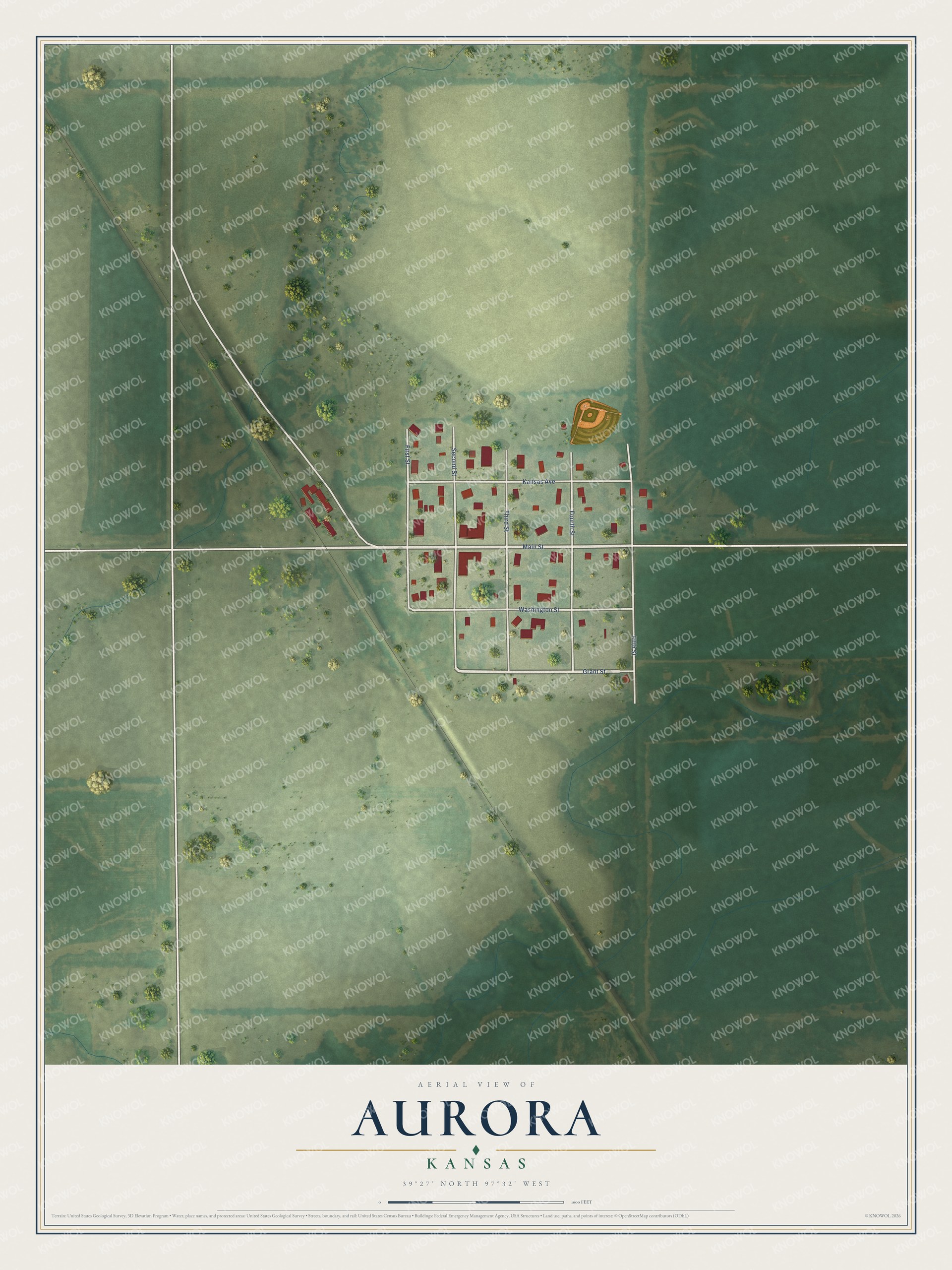 Full map of Aurora, Kansas, with red buildings, printed street names and the land around them
