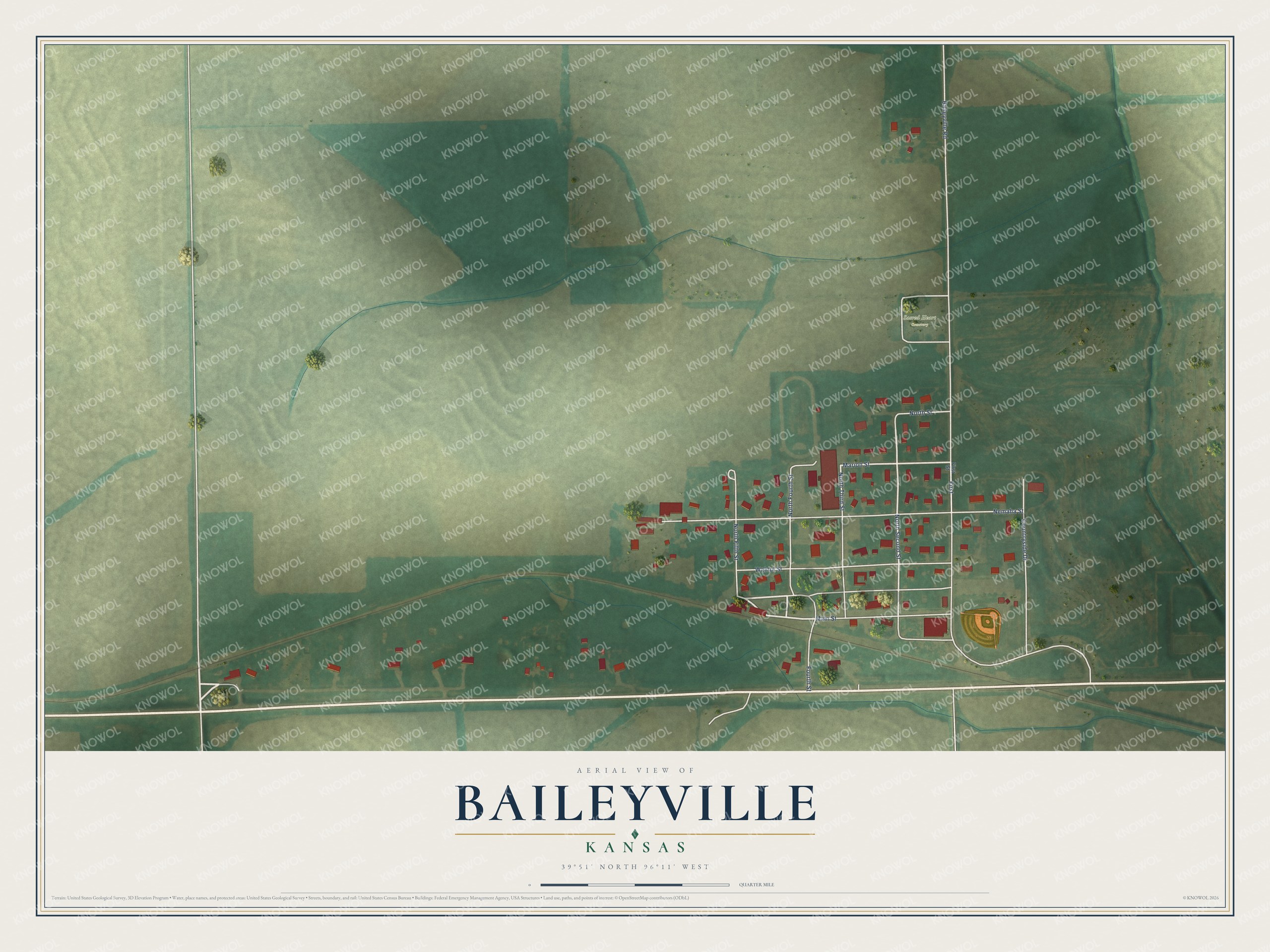 Full map of Baileyville, Kansas, with red buildings, printed street names and the land around them