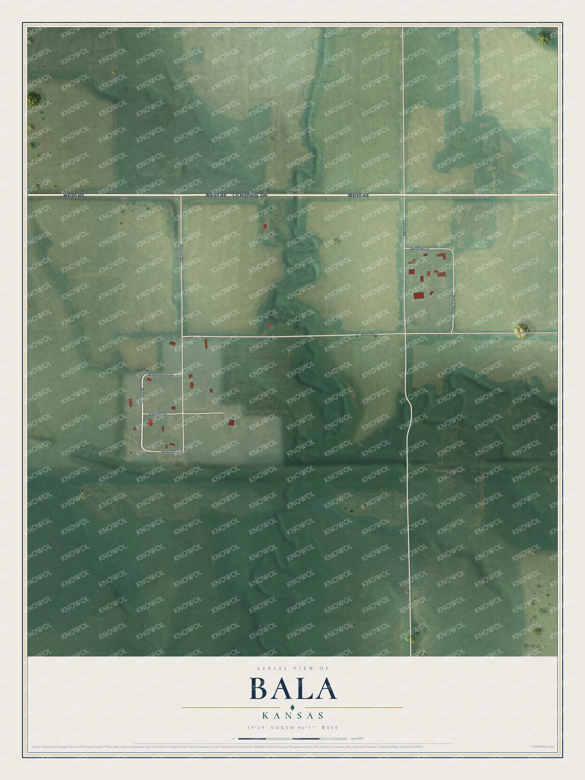 Full map of Bala, Kansas, with red buildings, printed street names and the land around them