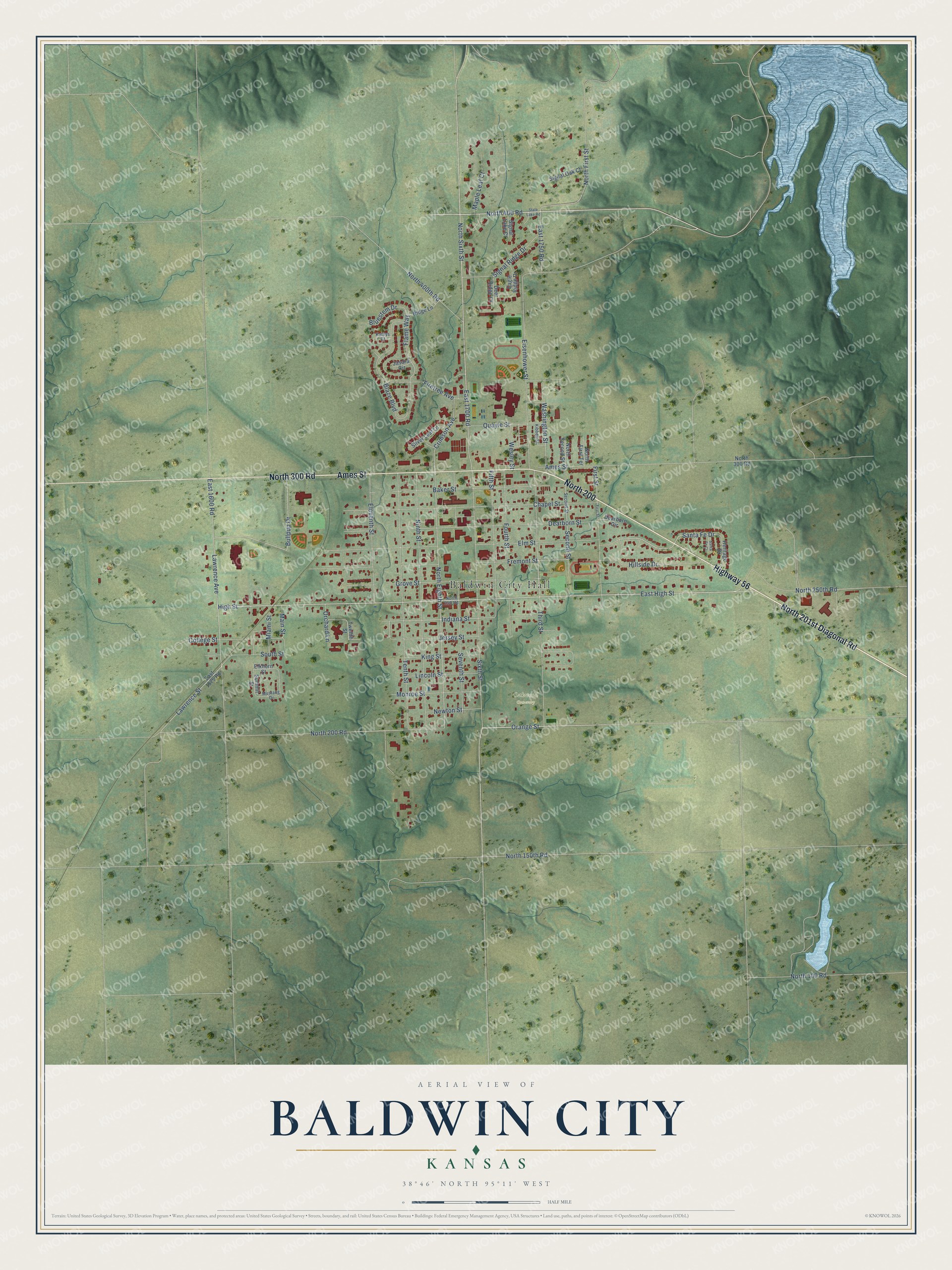 Full map of Baldwin City, Kansas, with red buildings, printed street names and the land around them