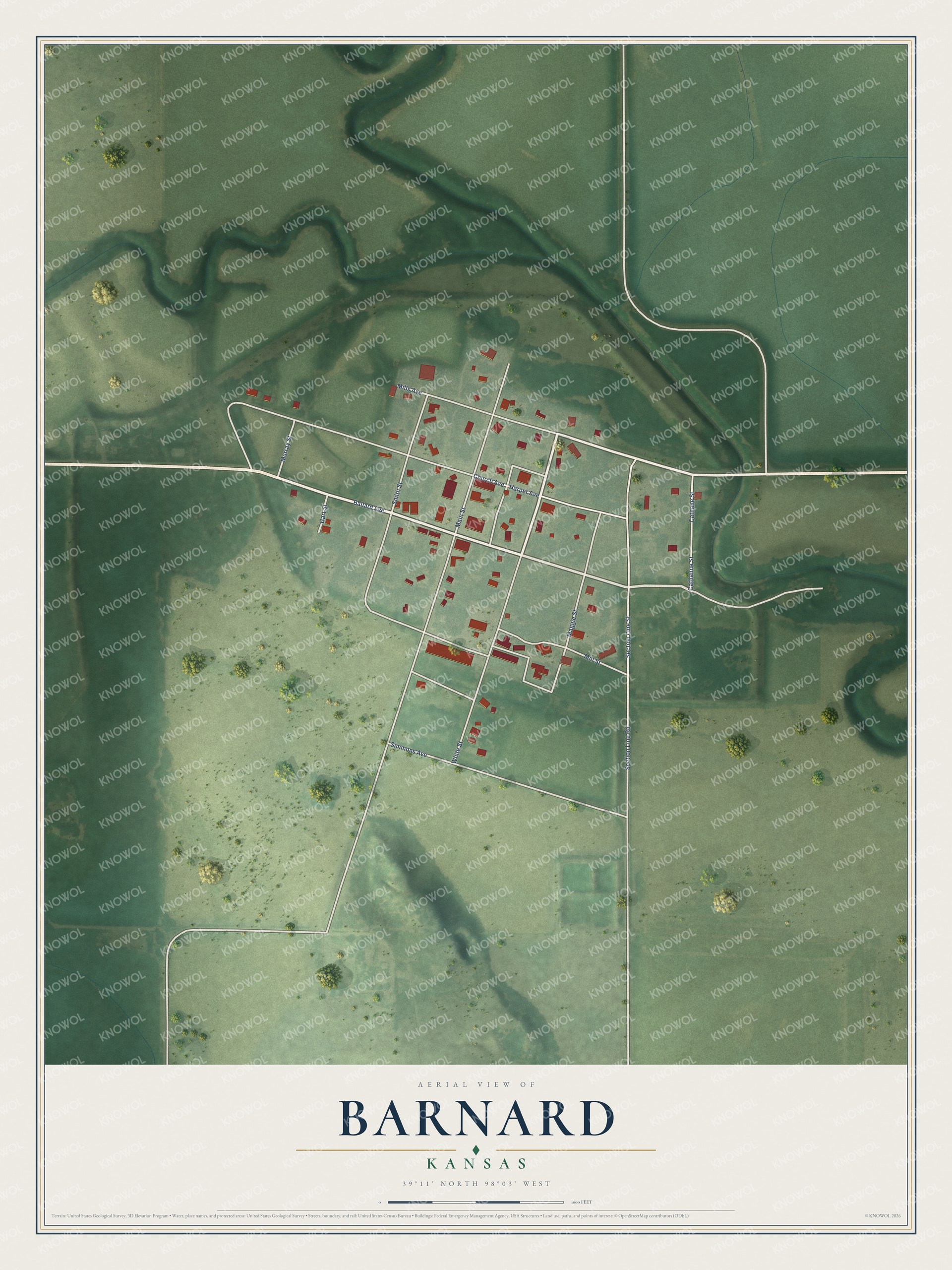 Full map of Barnard, Kansas, with red buildings, printed street names and the land around them