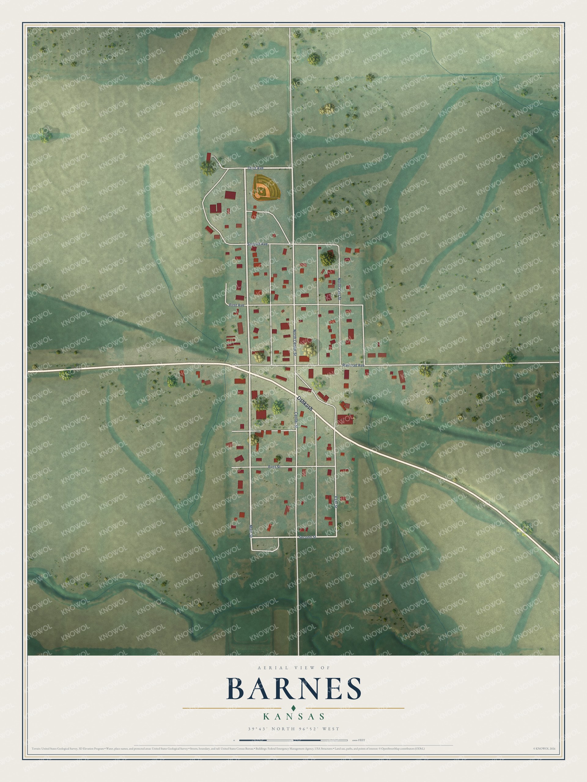 Full map of Barnes, Kansas, with red buildings, printed street names and the land around them