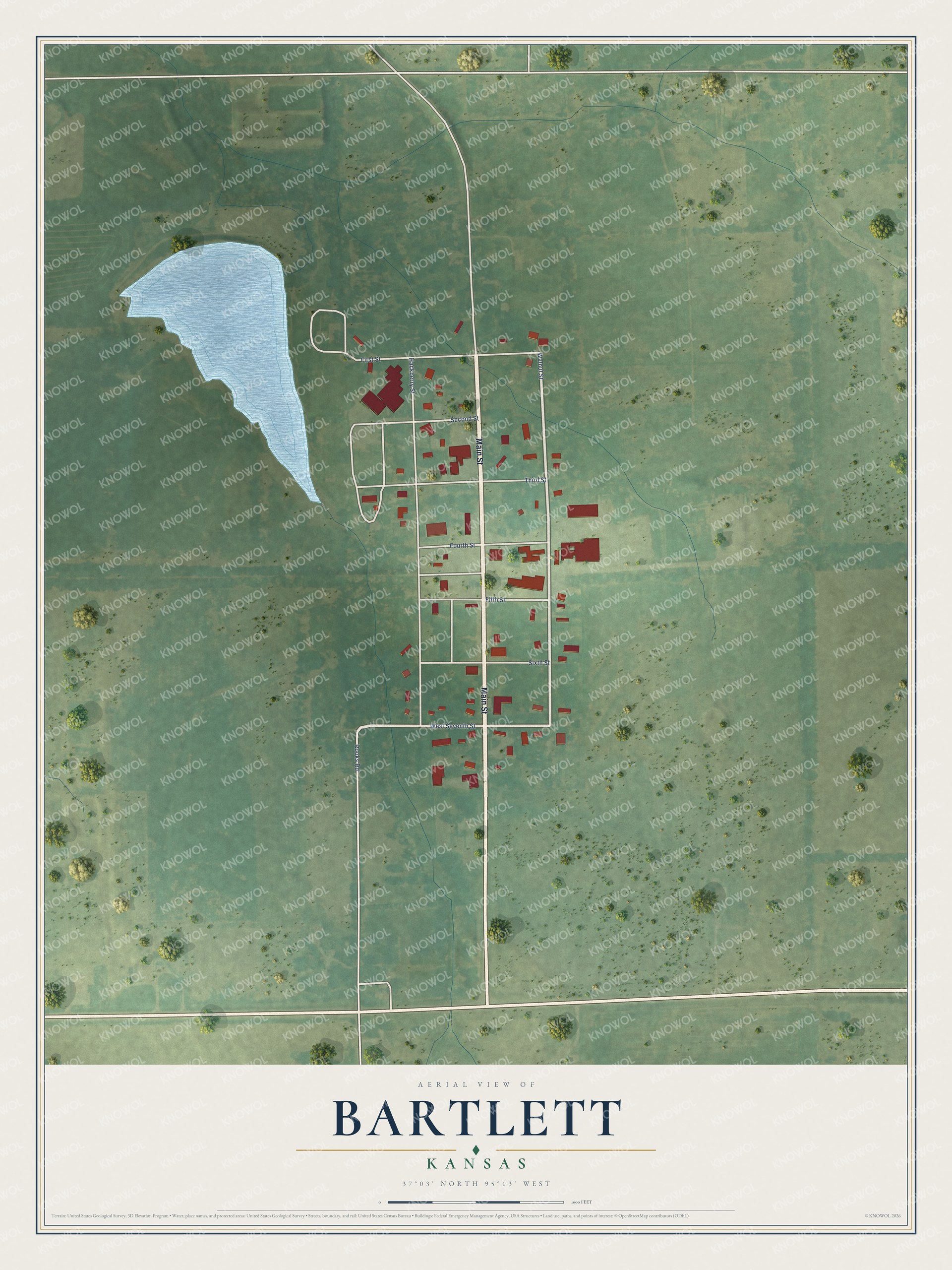 Full map of Bartlett, Kansas, with red buildings, printed street names and the land around them