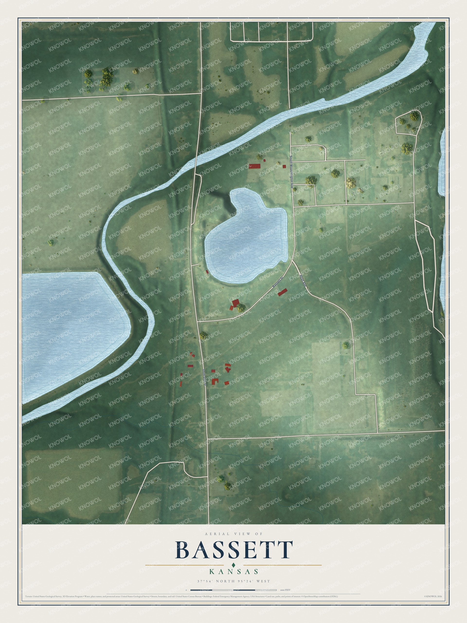 Full map of Bassett, Kansas, with red buildings, printed street names and the land around them