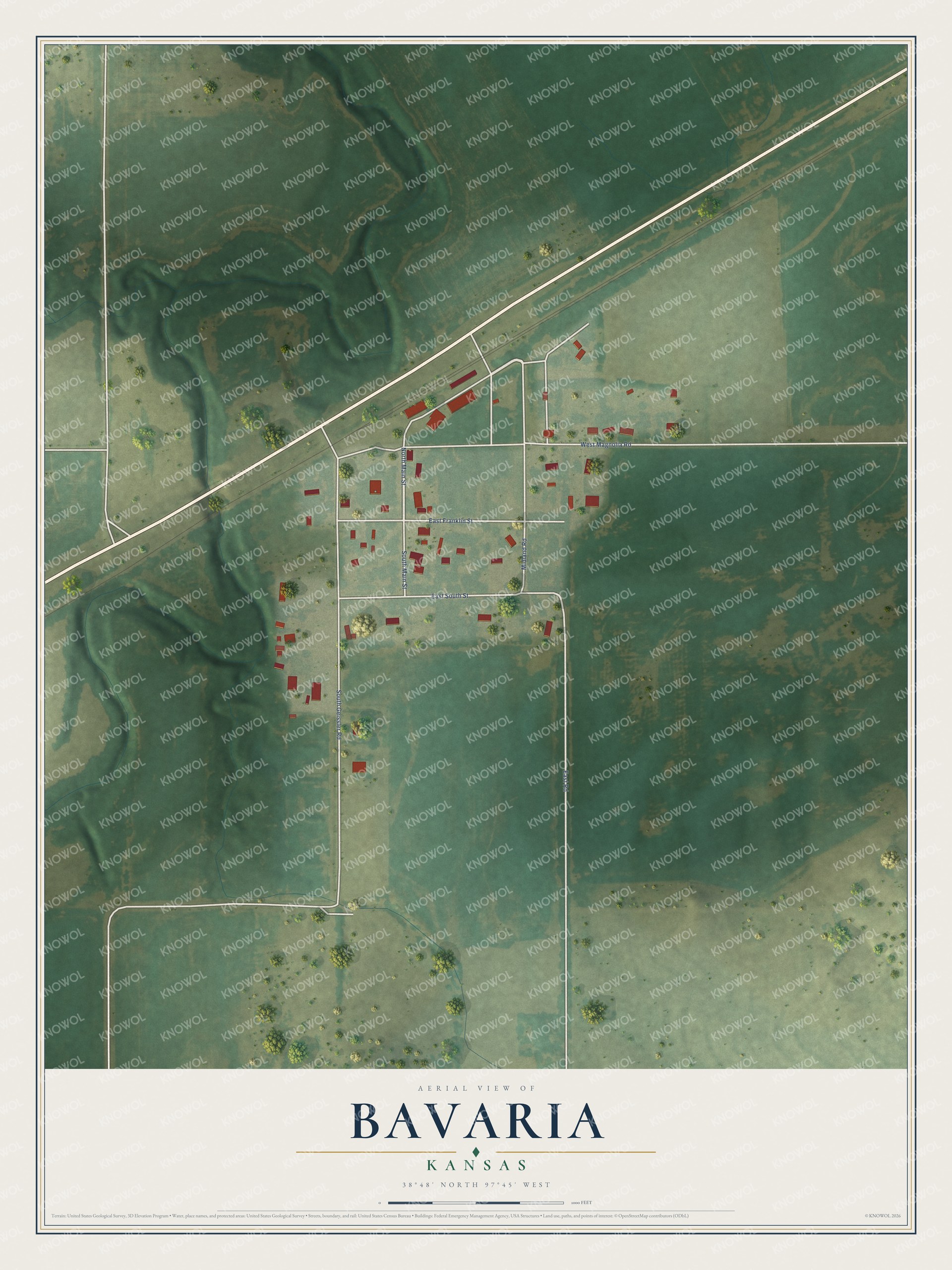 Full map of Bavaria, Kansas, with red buildings, printed street names and the land around them
