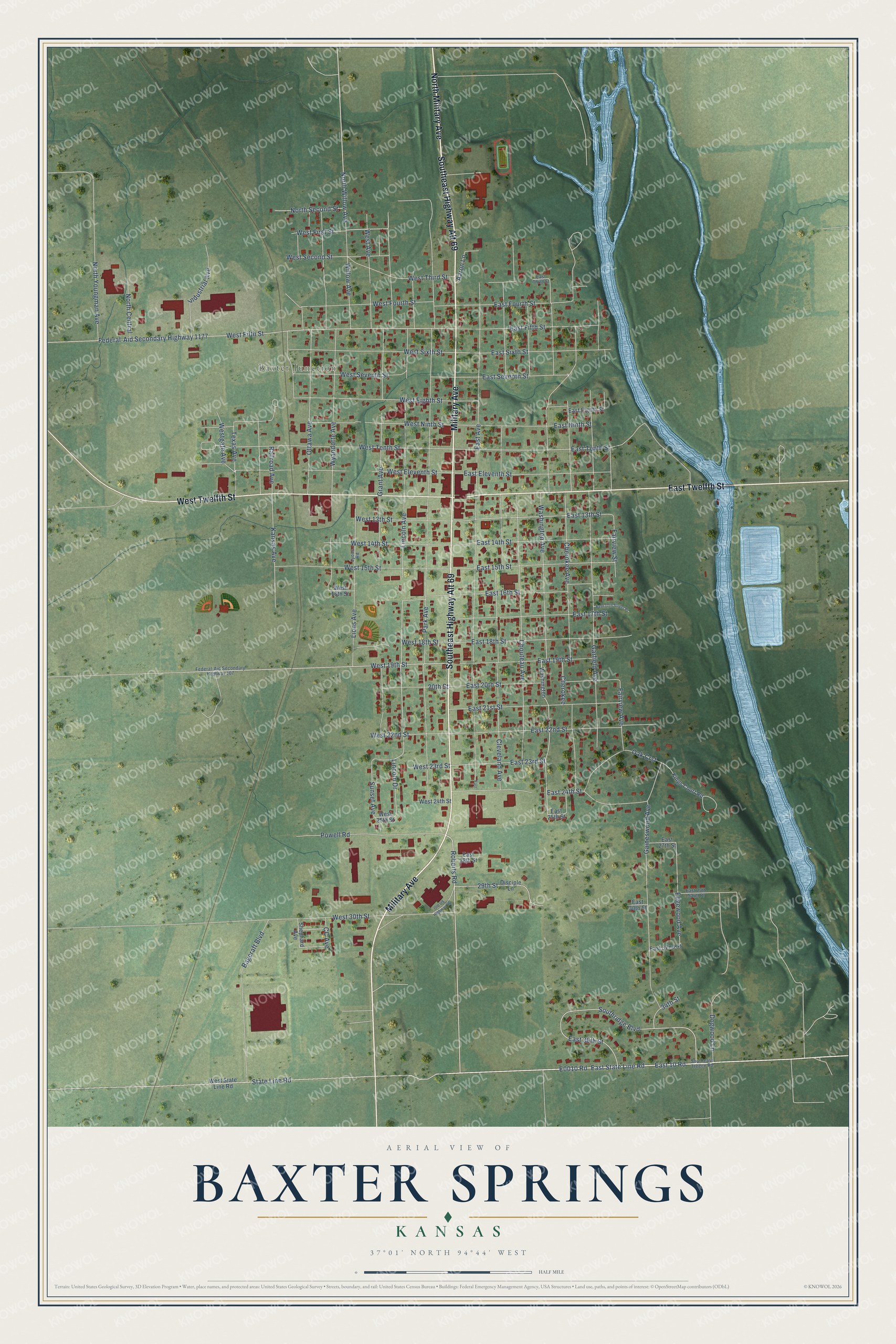 Full map of Baxter Springs, Kansas, with red buildings, printed street names and the land around them