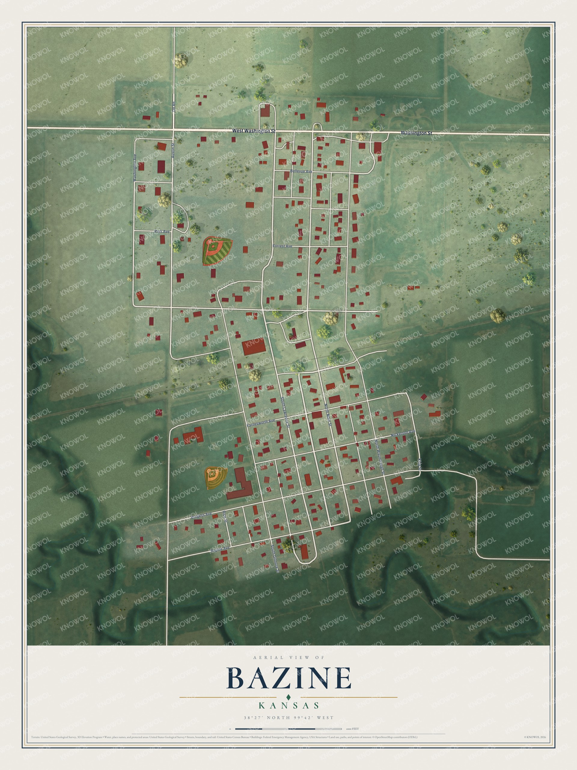 Full map of Bazine, Kansas, with red buildings, printed street names and the land around them