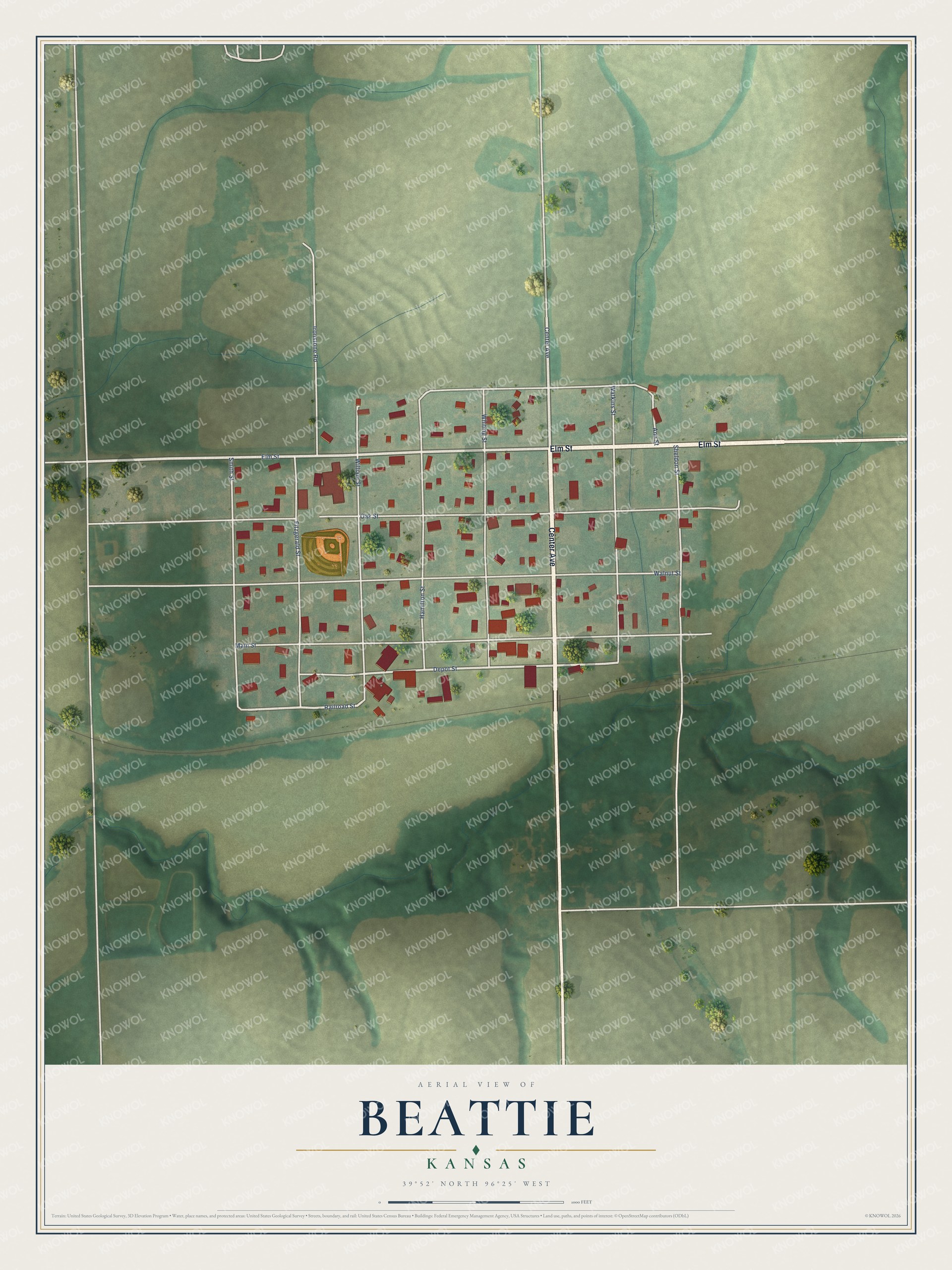 Full map of Beattie, Kansas, with red buildings, printed street names and the land around them