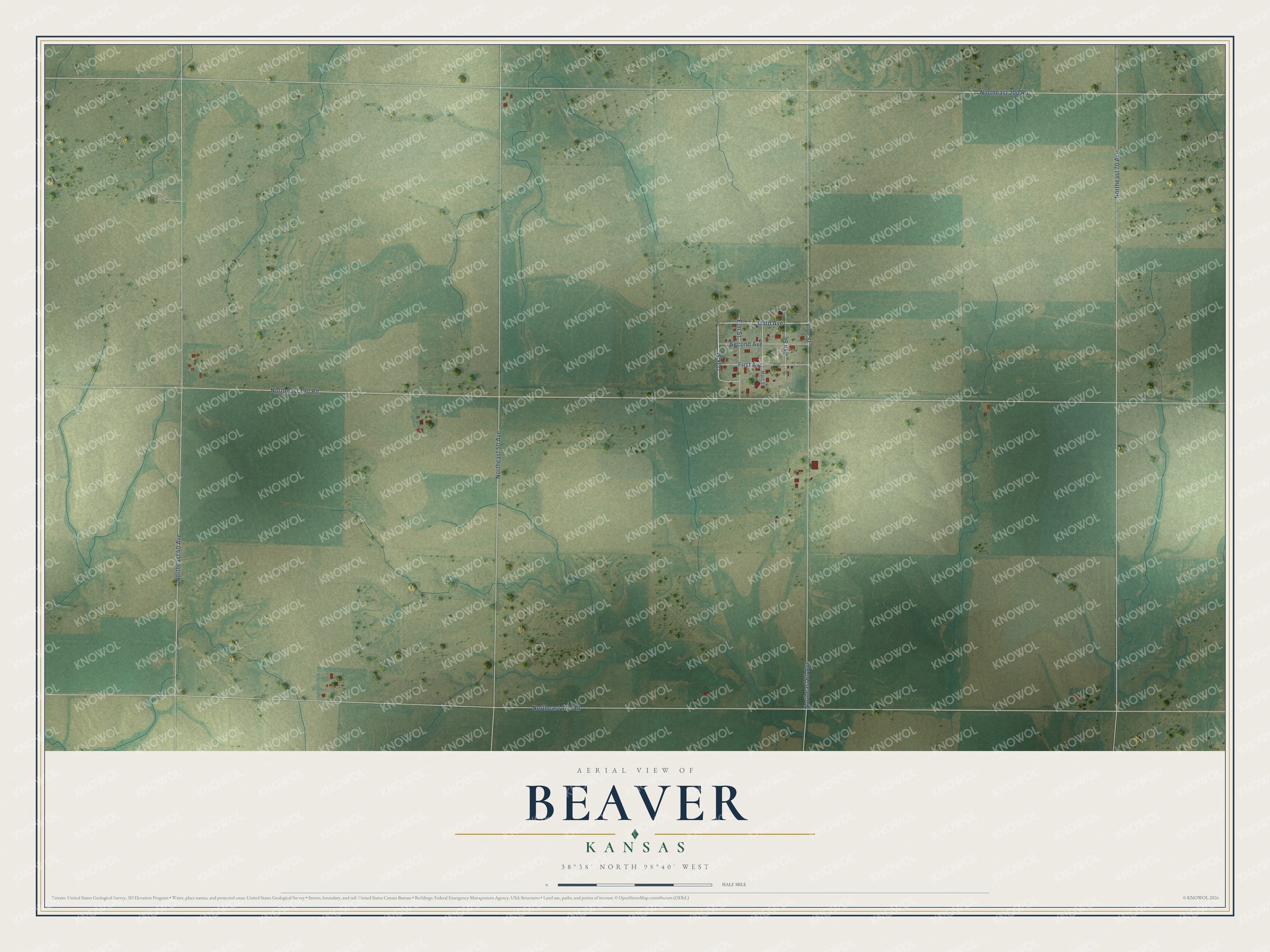 Full map of Beaver, Kansas, with red buildings, printed street names and the land around them