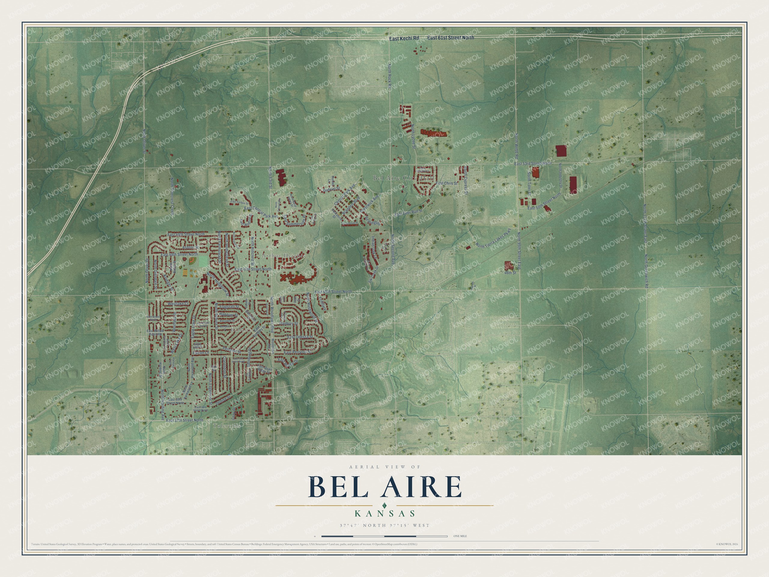 Full map of Bel Aire, Kansas, with red buildings, printed street names and the land around them