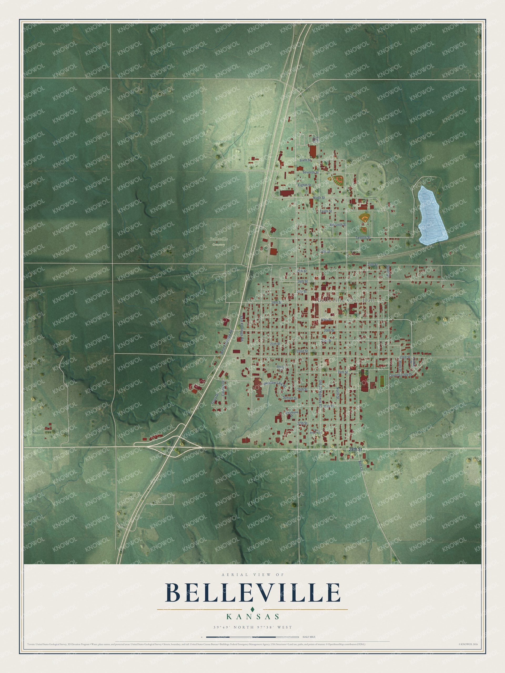 Full map of Belleville, Kansas, with red buildings, printed street names and the land around them