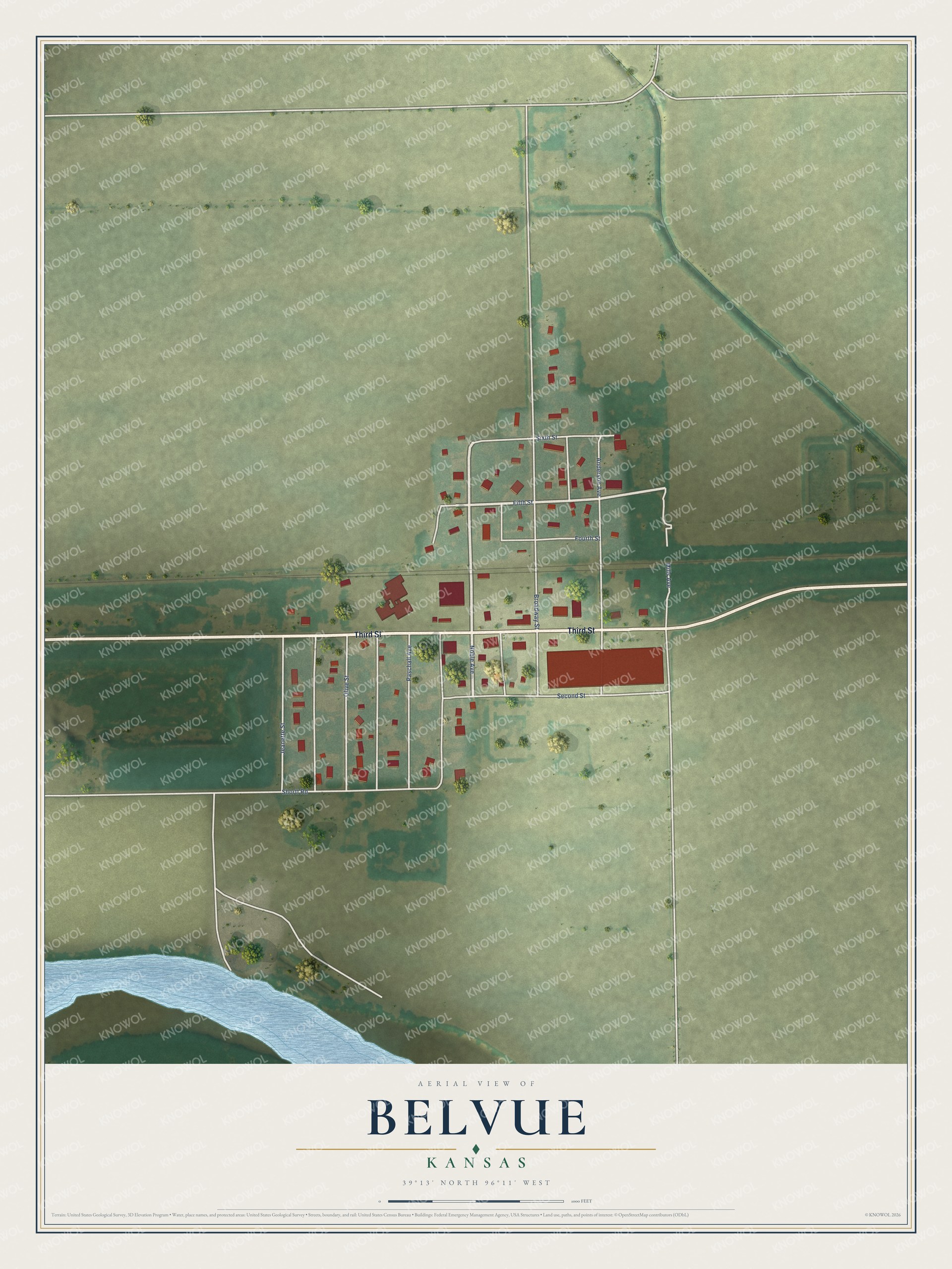 Full map of Belvue, Kansas, with red buildings, printed street names and the land around them