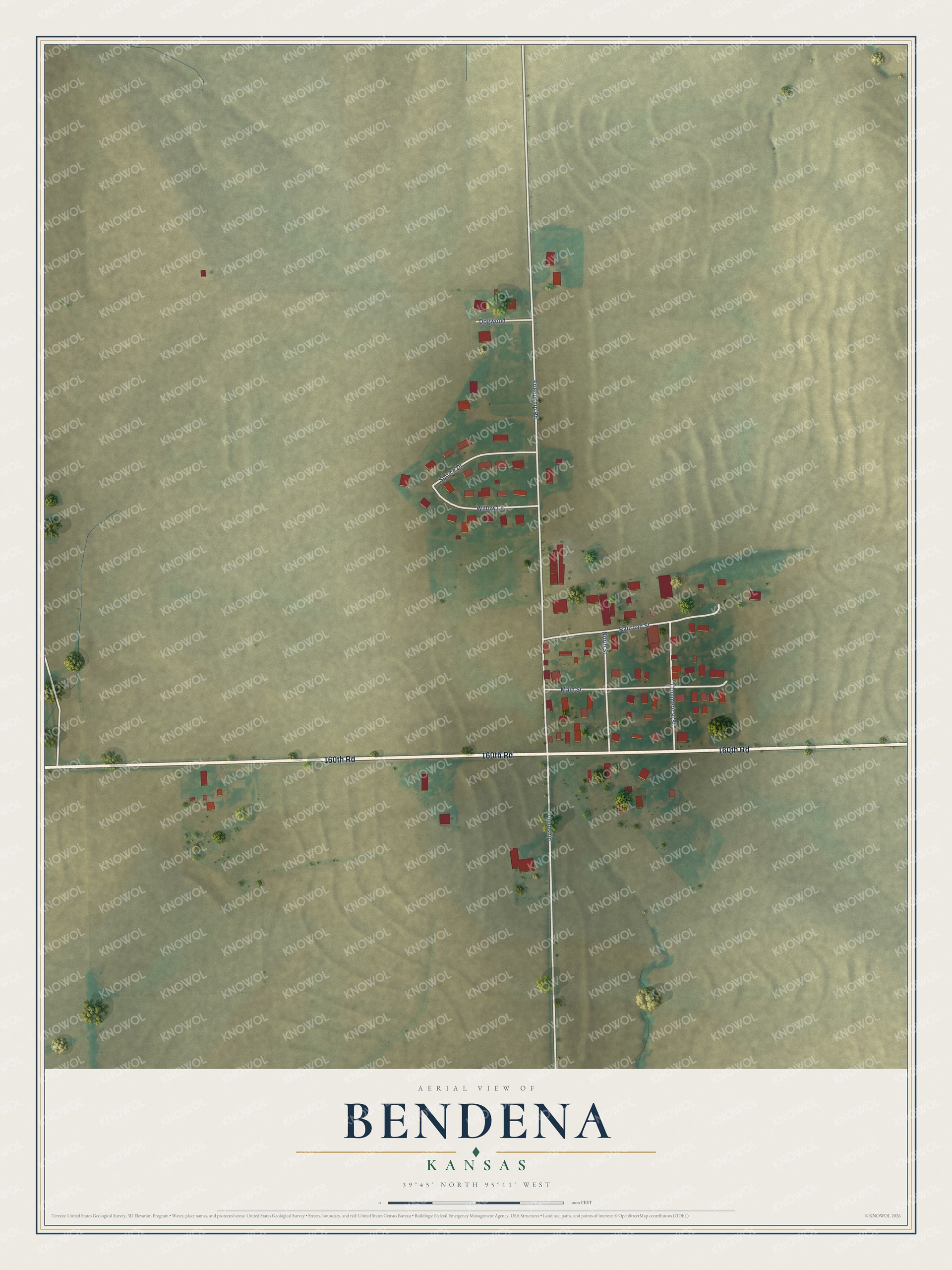 Full map of Bendena, Kansas, with red buildings, printed street names and the land around them