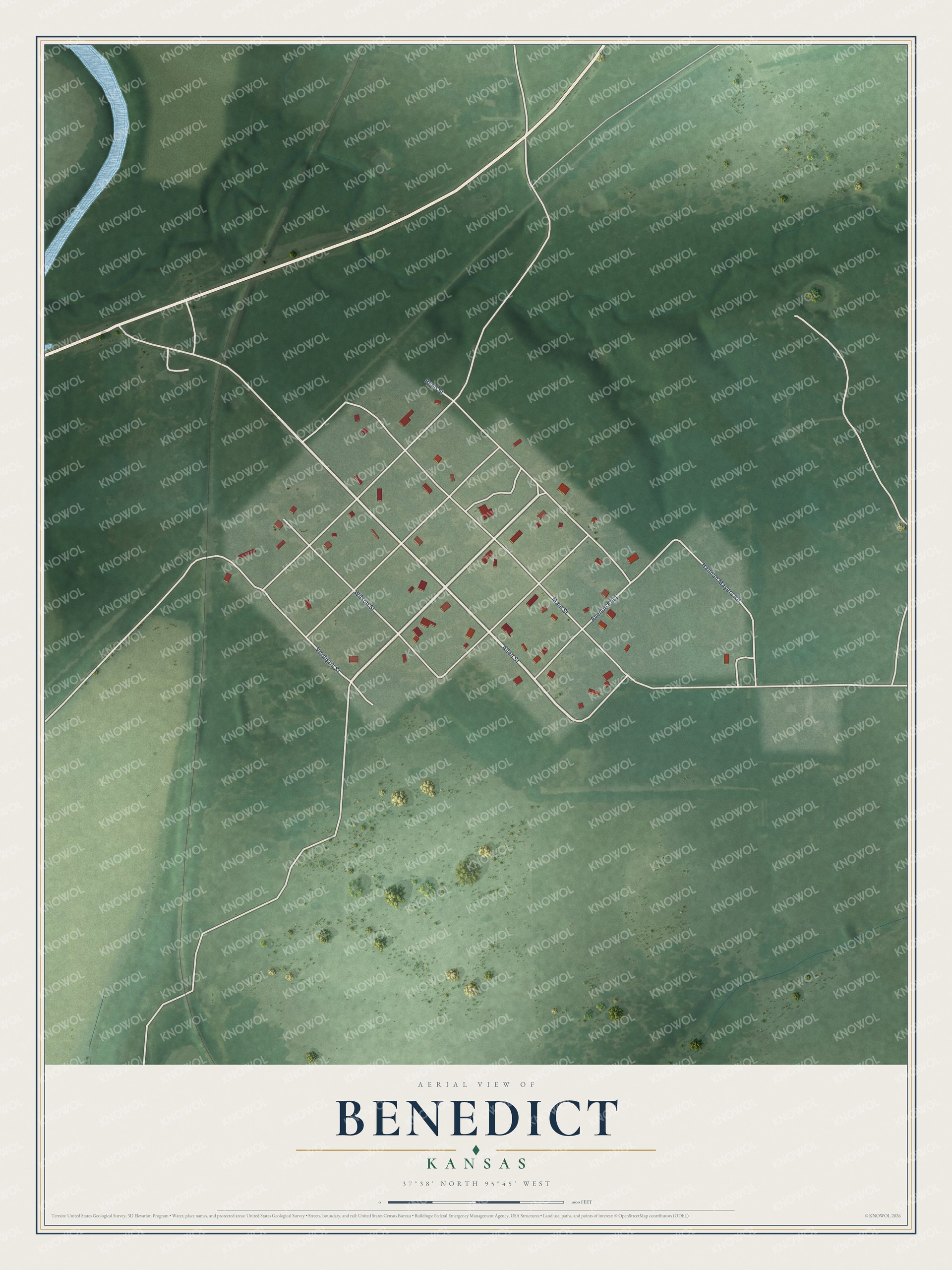 Full map of Benedict, Kansas, with red buildings, printed street names and the land around them