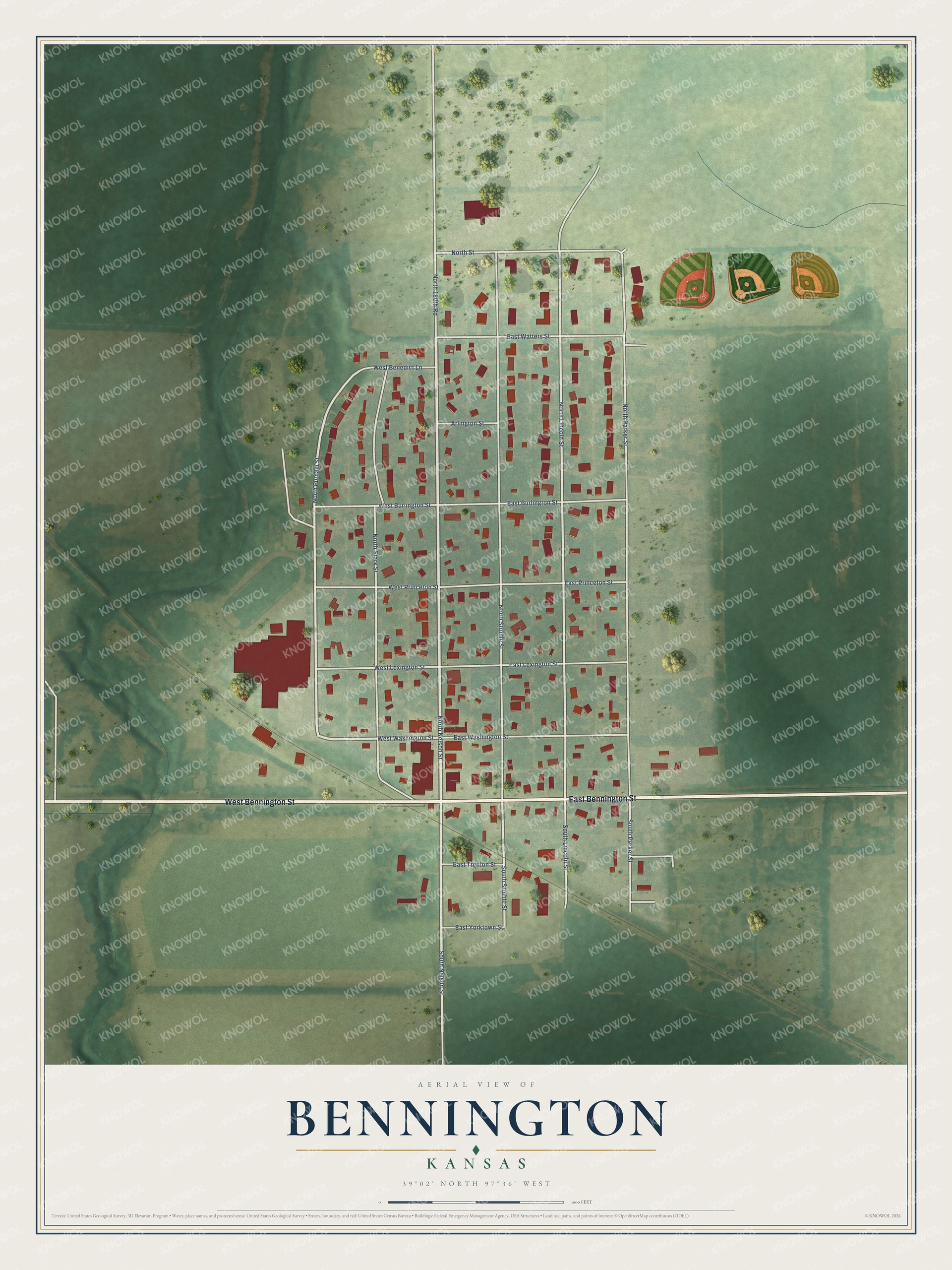 Full map of Bennington, Kansas, with red buildings, printed street names and the land around them