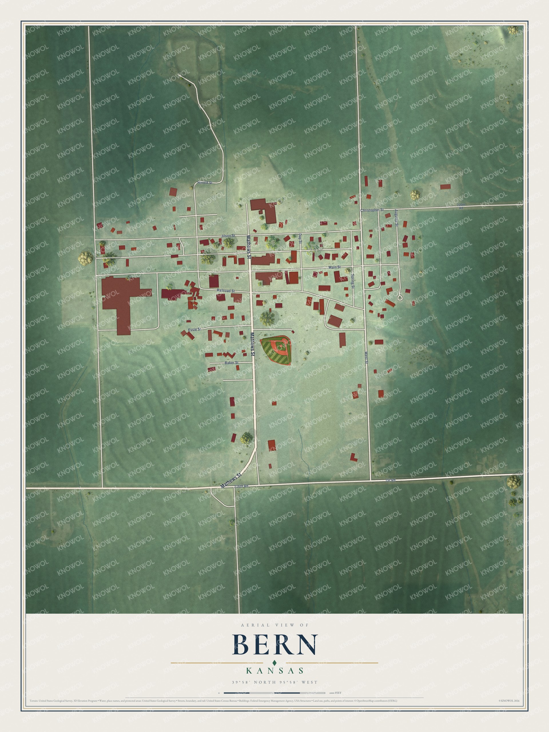 Full map of Bern, Kansas, with red buildings, printed street names and the land around them