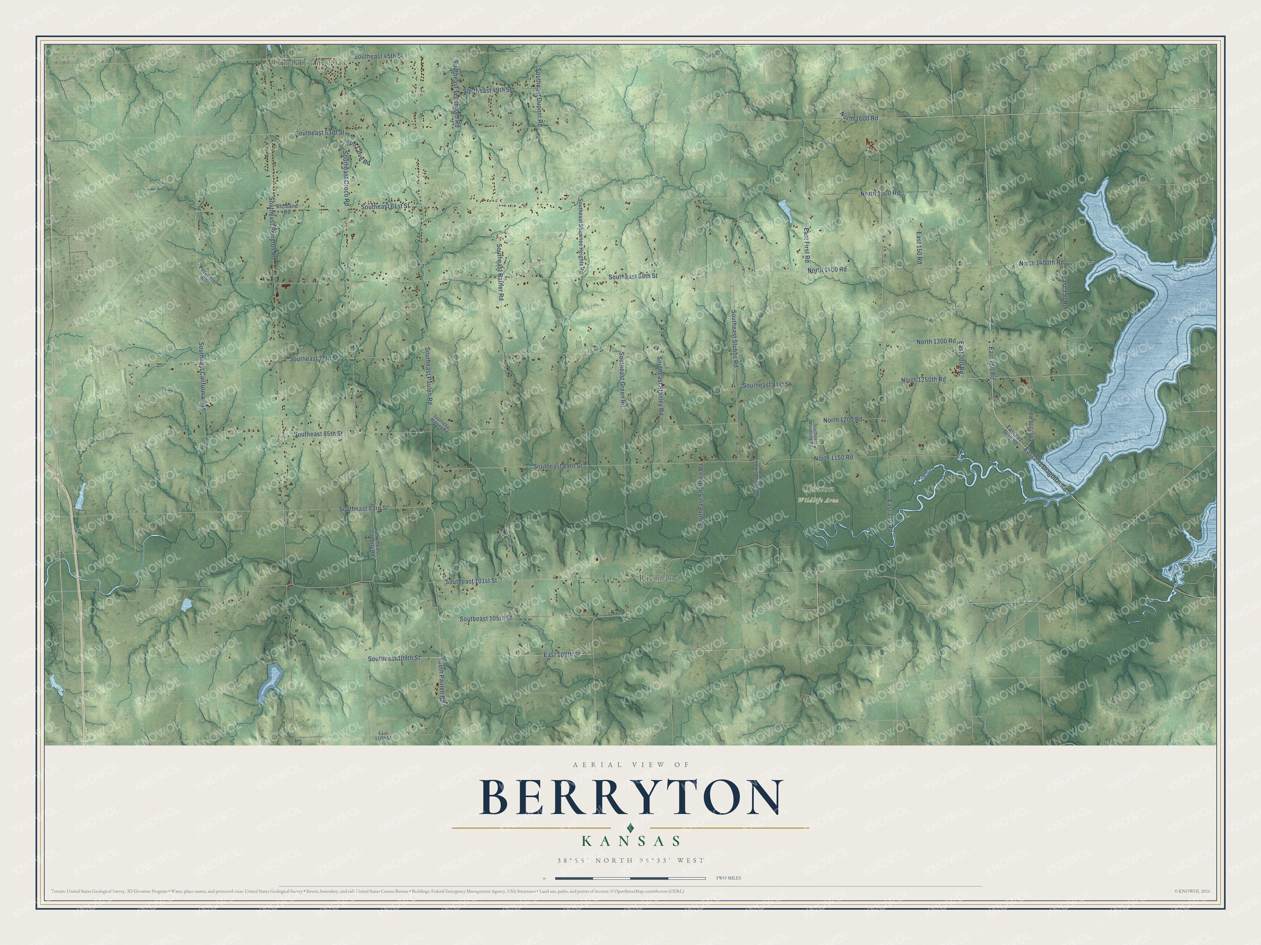 Full map of Berryton, Kansas, with red buildings, printed street names and the land around them