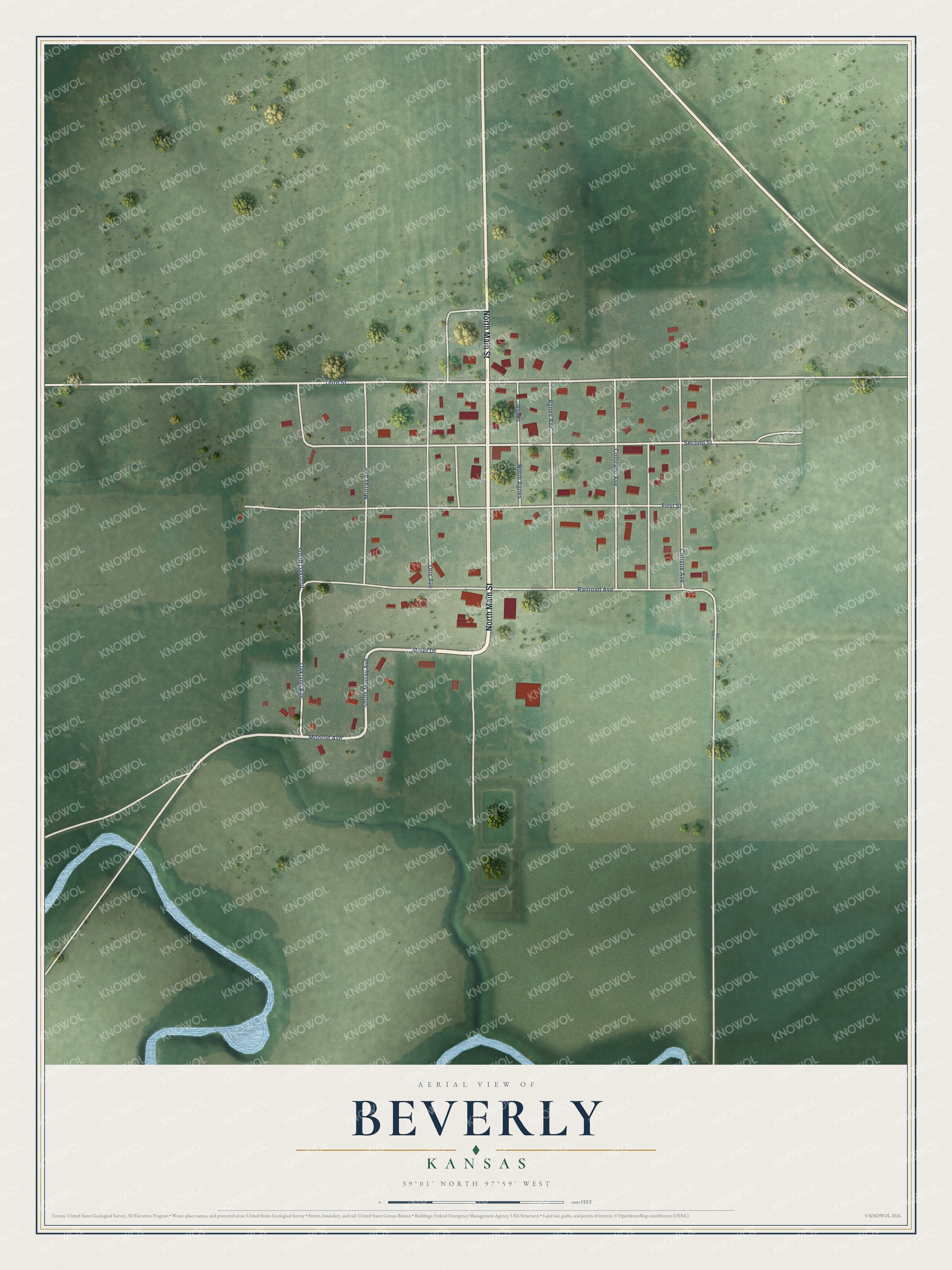 Full map of Beverly, Kansas, with red buildings, printed street names and the land around them