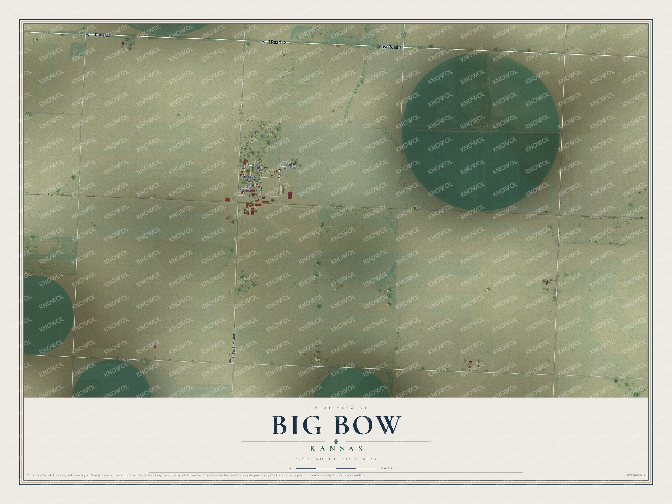 Full map of Big Bow, Kansas, with red buildings, printed street names and the land around them