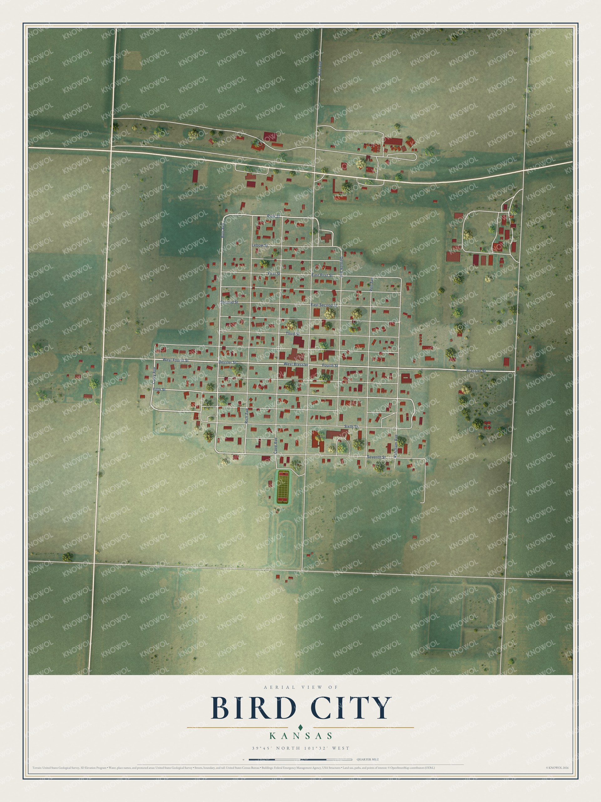Full map of Bird City, Kansas, with red buildings, printed street names and the land around them