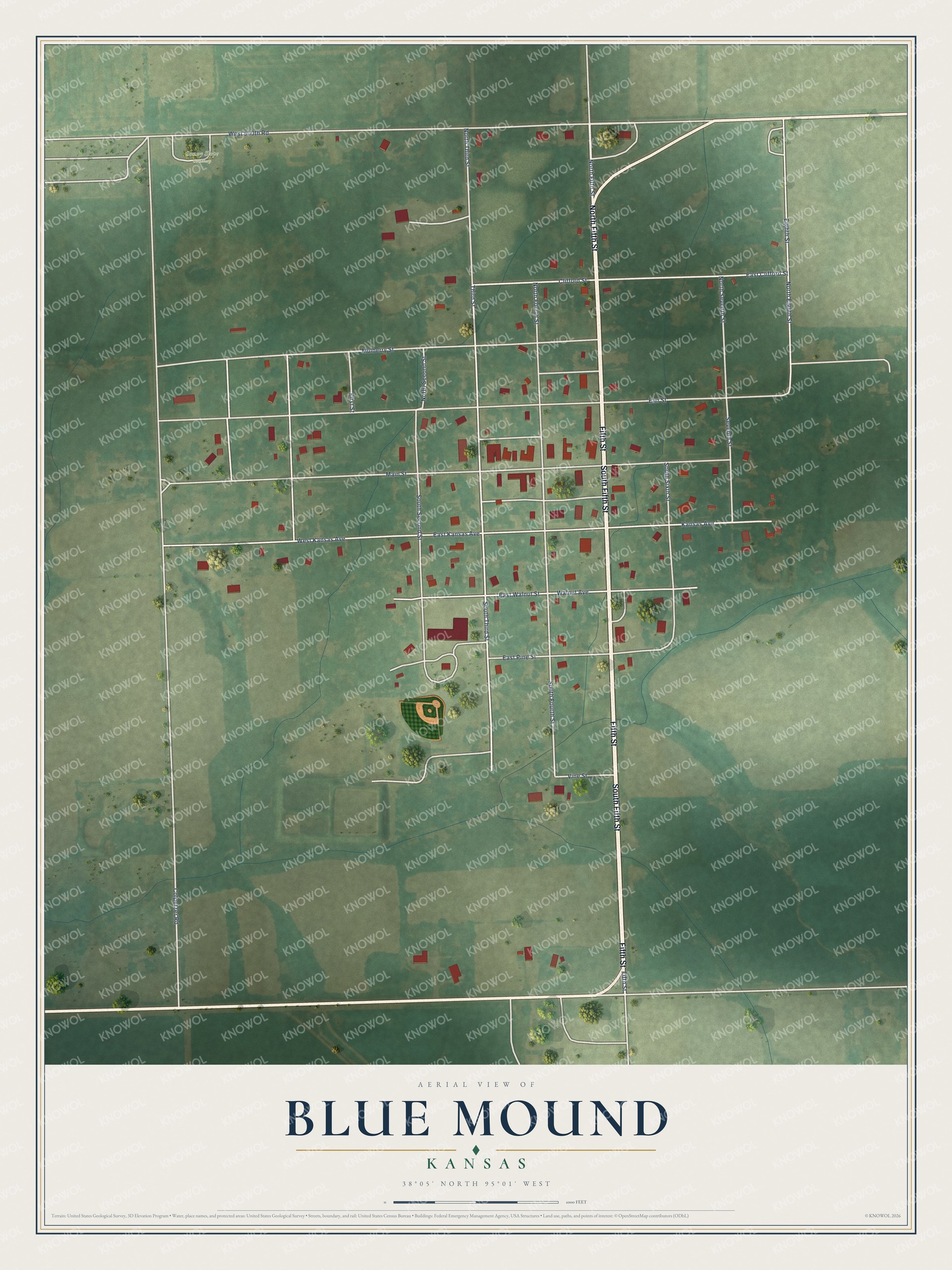 Full map of Blue Mound, Kansas, with red buildings, printed street names and the land around them