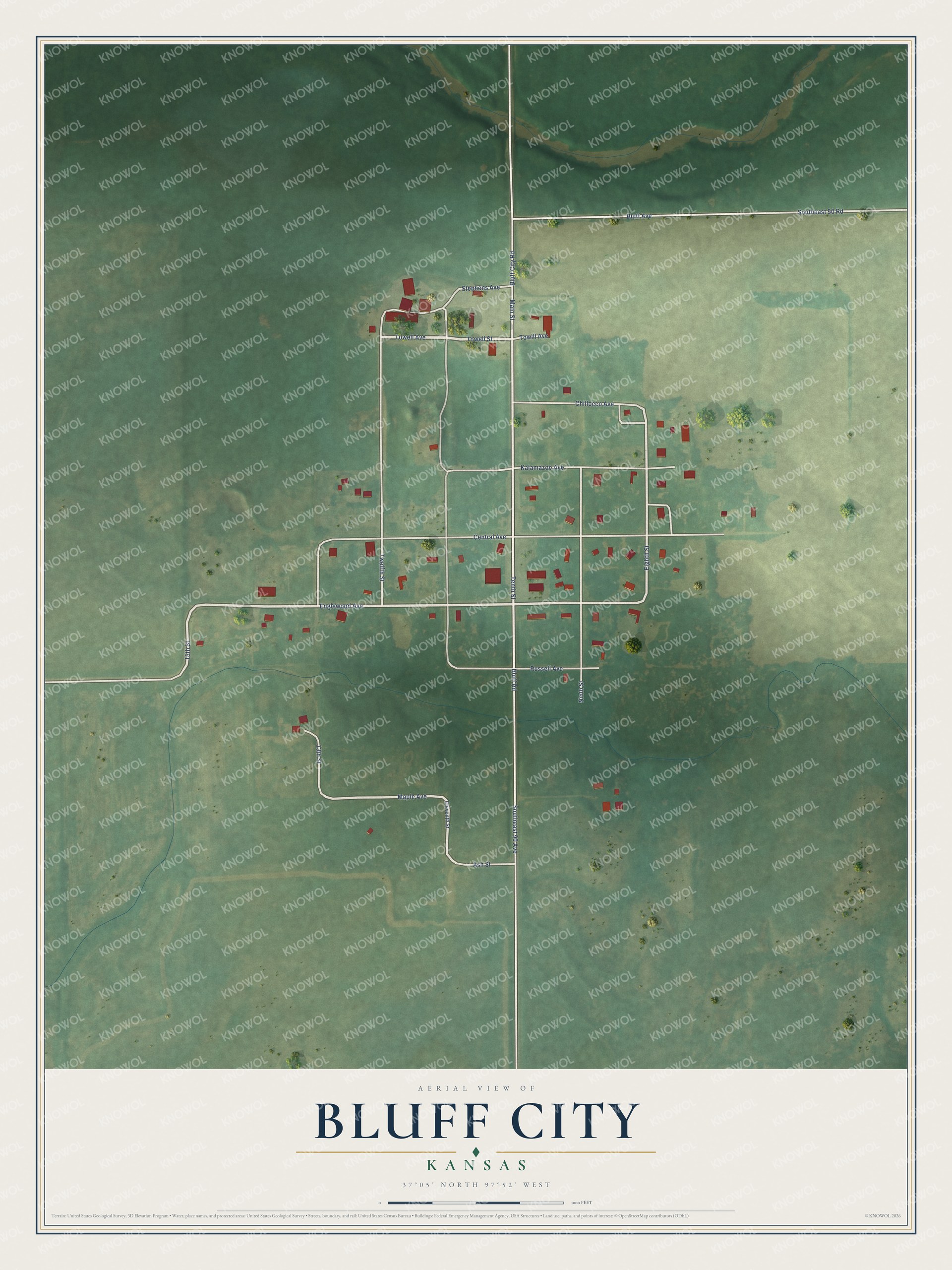 Full map of Bluff City, Kansas, with red buildings, printed street names and the land around them