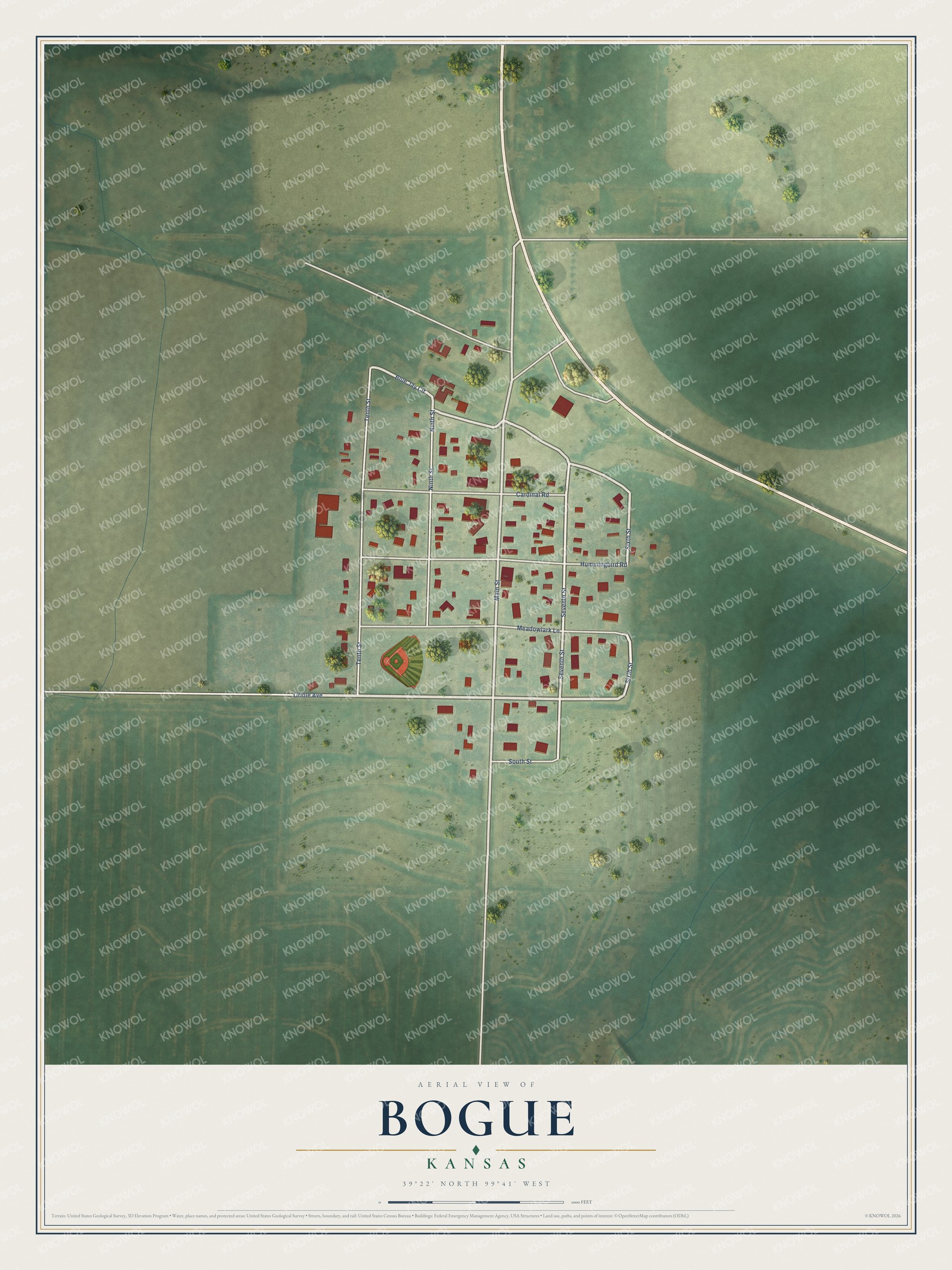 Full map of Bogue, Kansas, with red buildings, printed street names and the land around them
