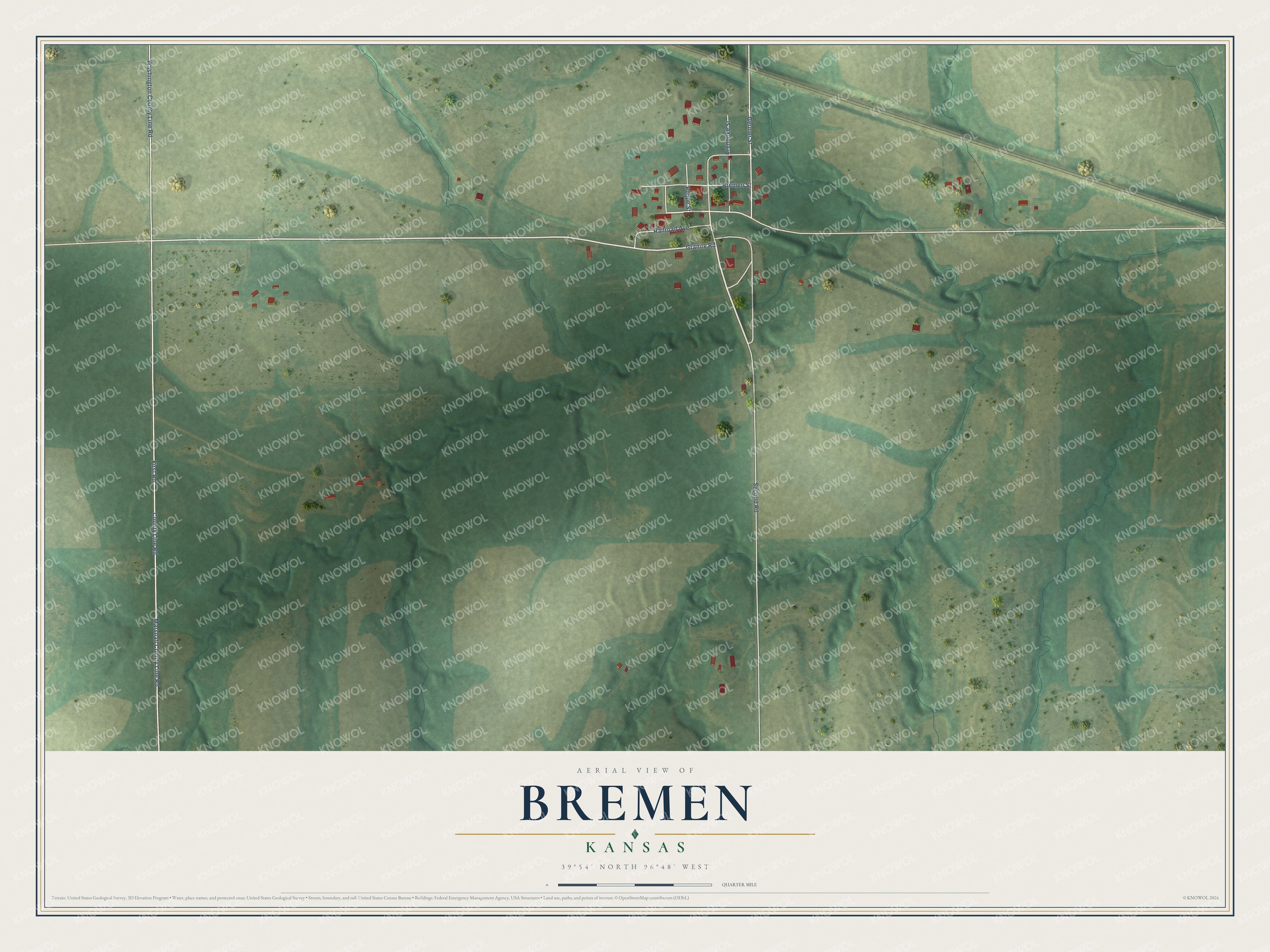 Full map of Bremen, Kansas, with red buildings, printed street names and the land around them