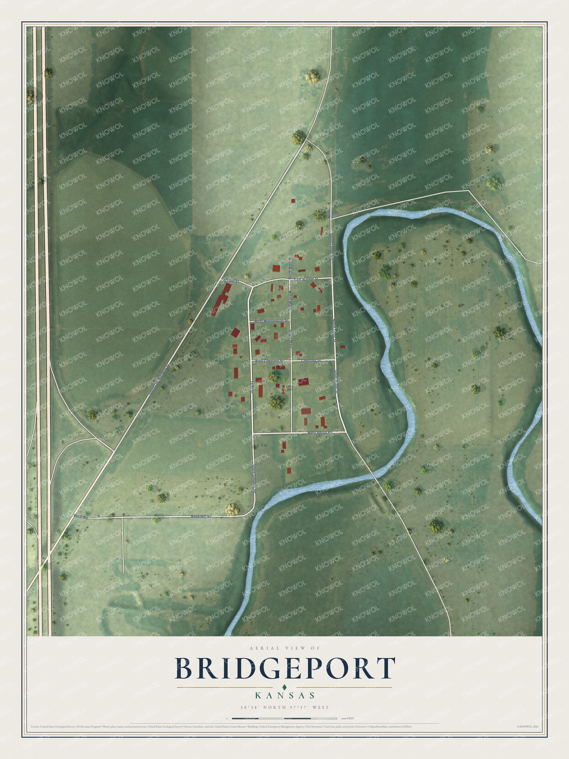Full map of Bridgeport, Kansas, with red buildings, printed street names and the land around them