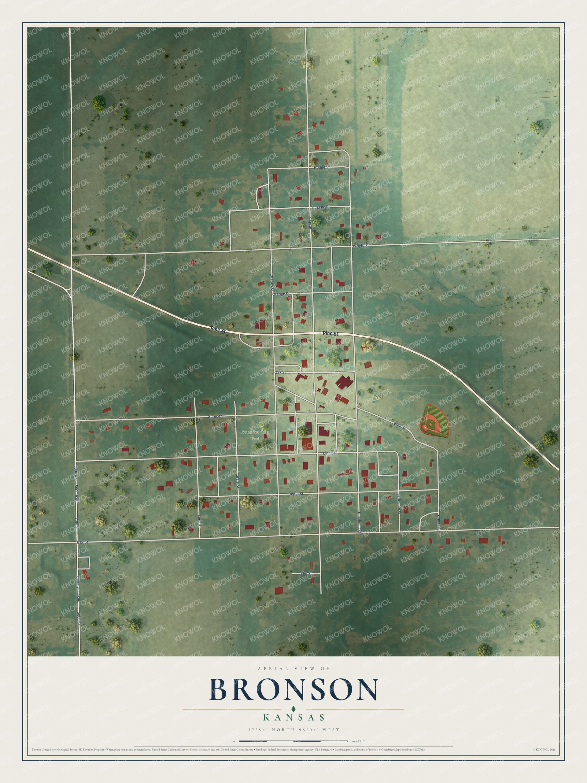 Full map of Bronson, Kansas, with red buildings, printed street names and the land around them