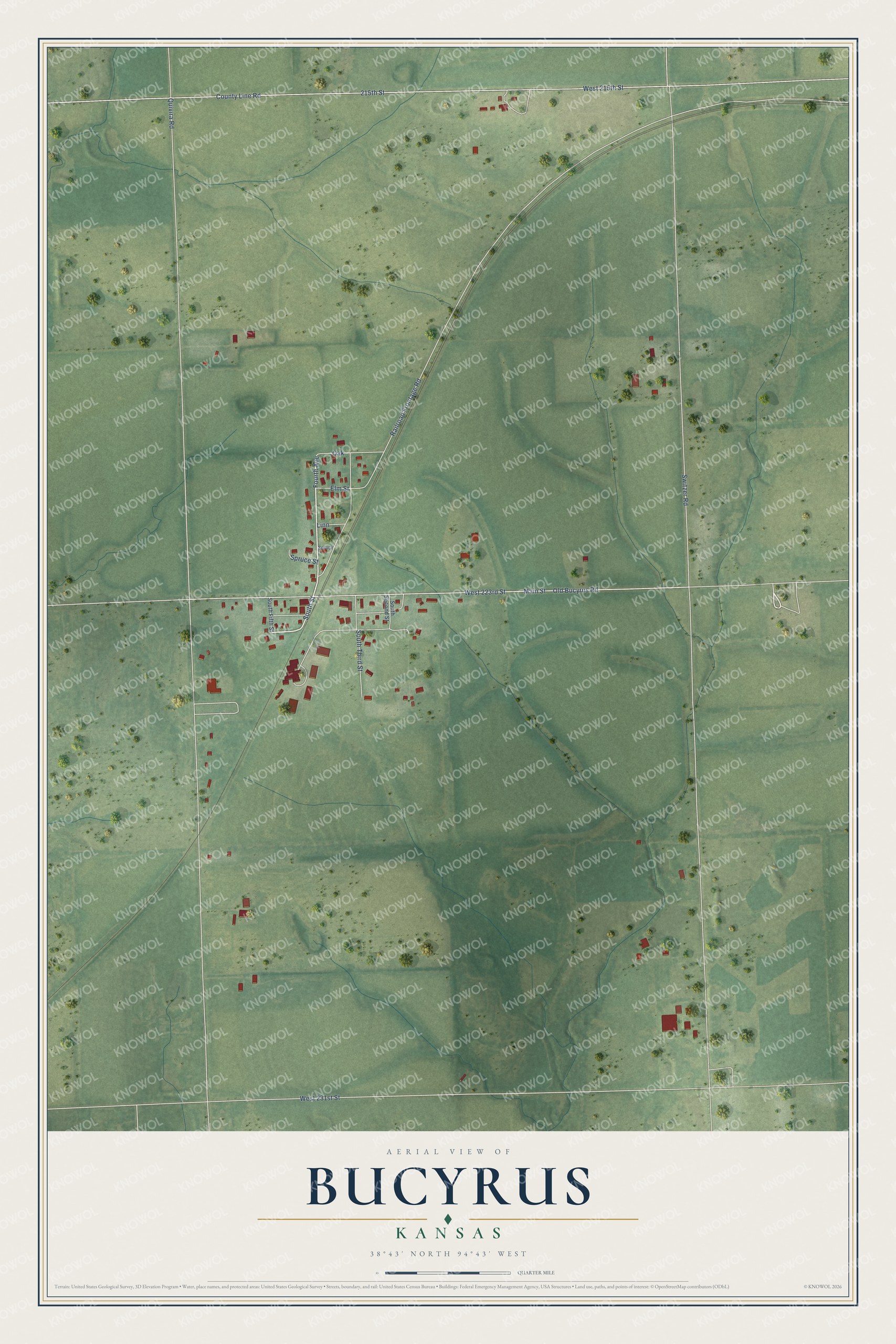 Full map of Bucyrus, Kansas, with red buildings, printed street names and the land around them